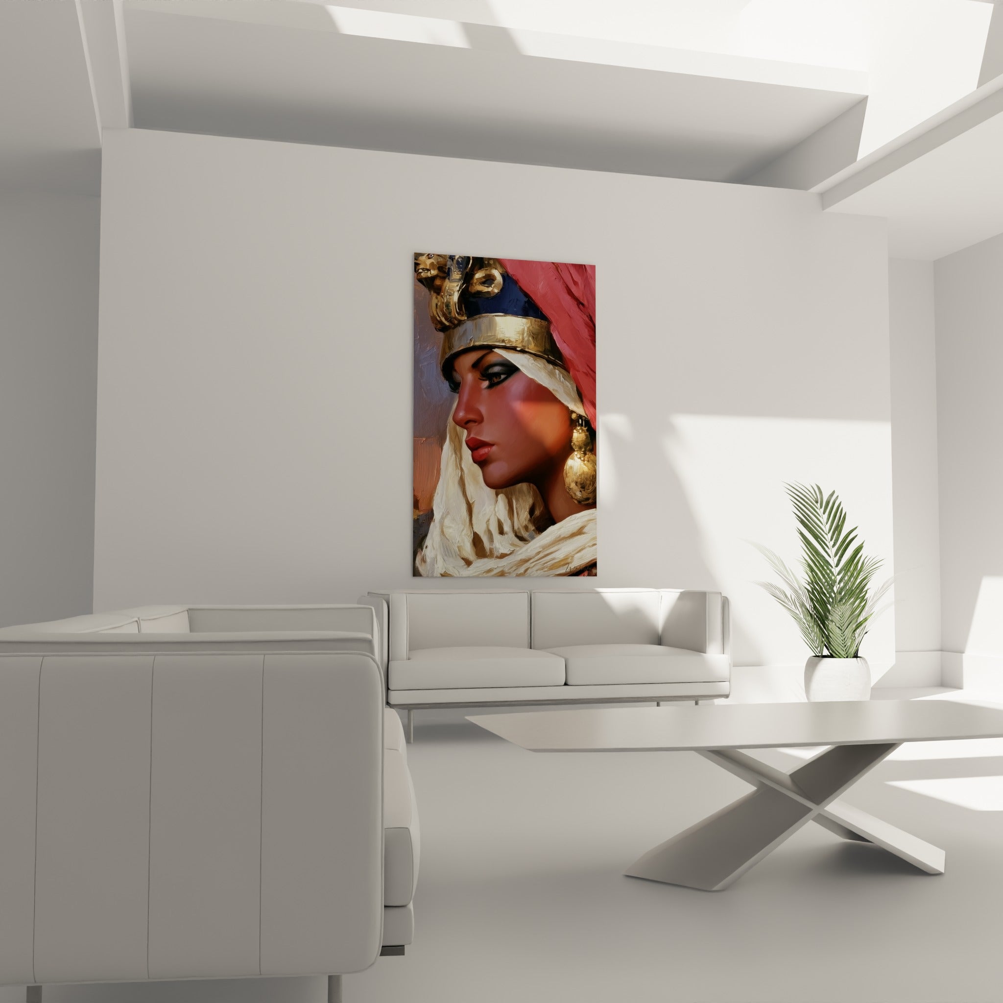 Coiffe dorée et voile blanc d'une reine égyptienne, disposée au-dessus d'un canapé dans un salon lumineux