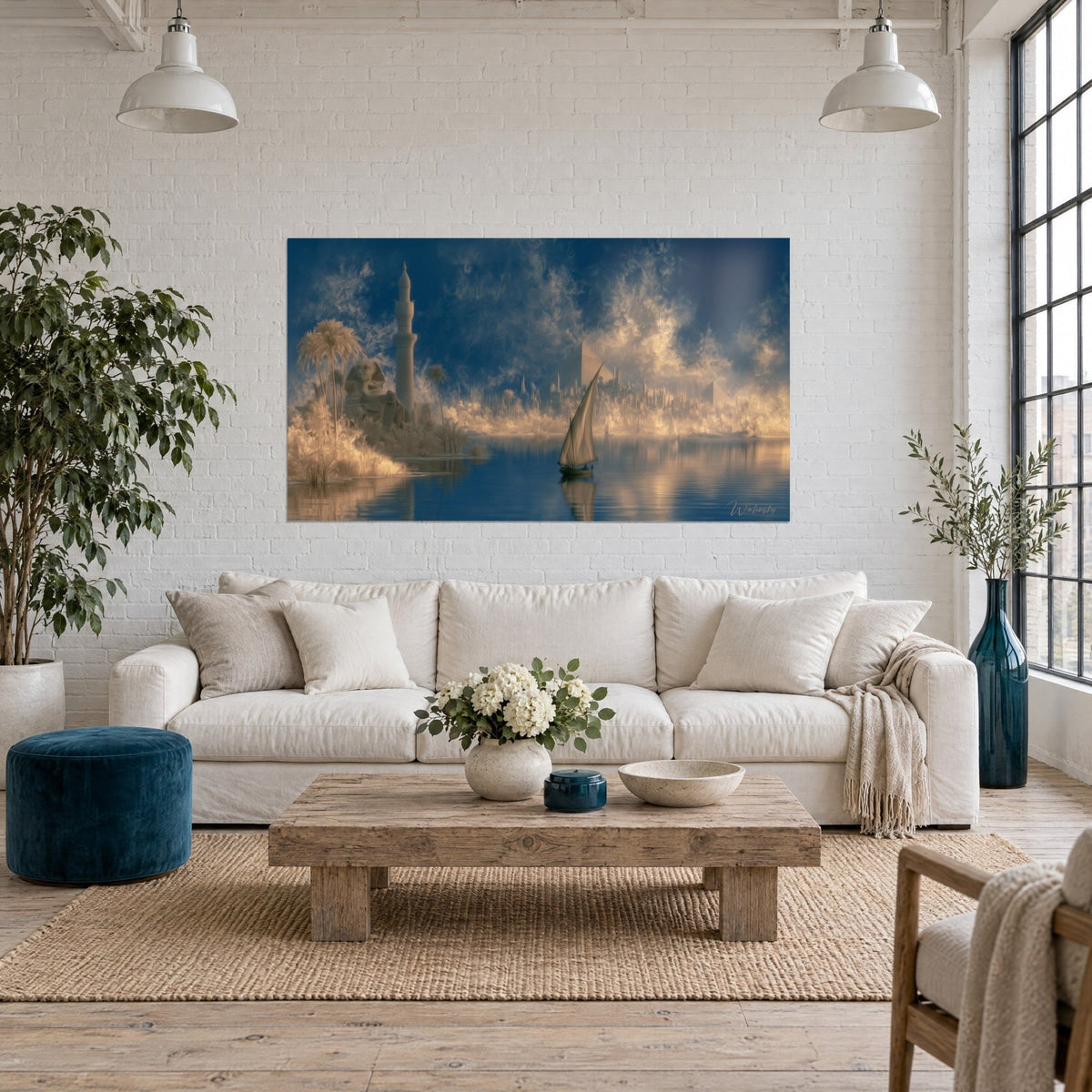 Wall art felucca with a cream sail on a midnight-blue Nile, golden sphinx and pyramids, above a sofa in a bright living room