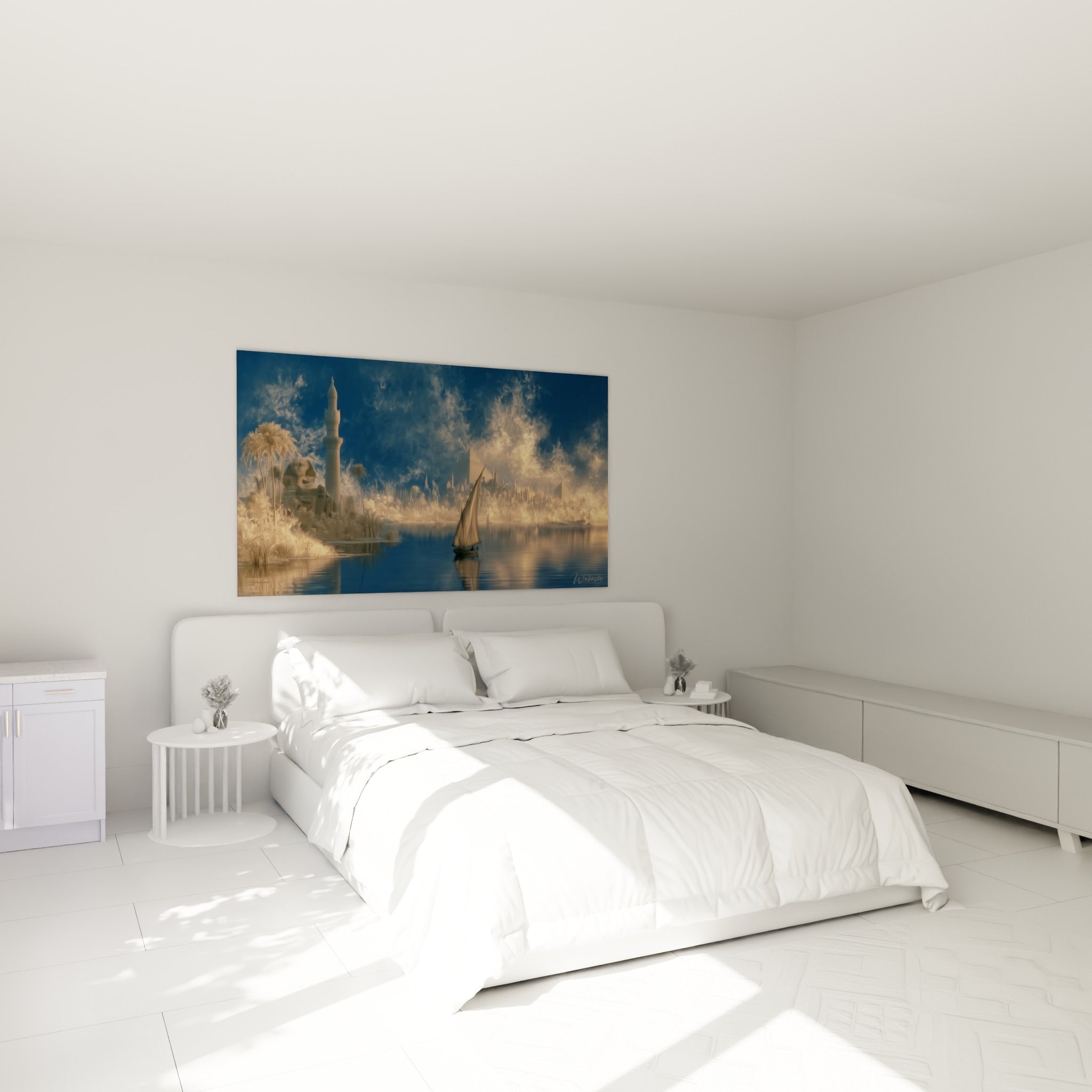 Voile triangulaire glissant sur des eaux bleu marine et dorées, au-dessus d'un lit dans une chambre claire
