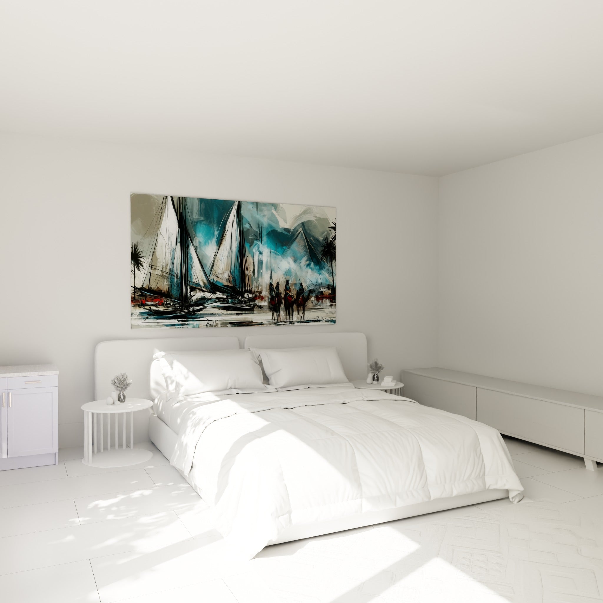 Voiles noires et bleu pétrole d'une scène égyptienne au-dessus d'un lit dans une chambre claire