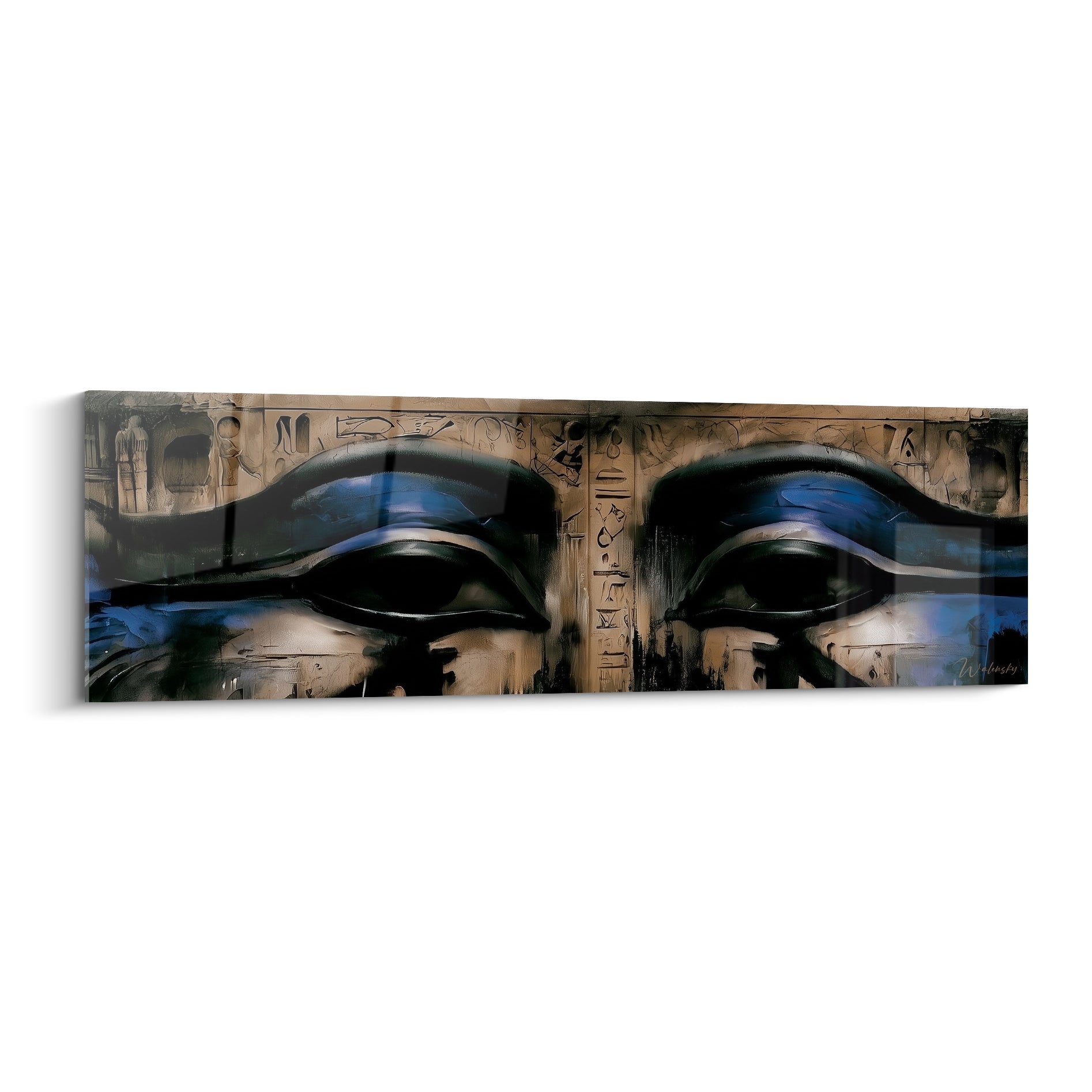Yeux d'Horus noir et bleu nuit sur fond ocre gravé de hiéroglyphes égyptiens