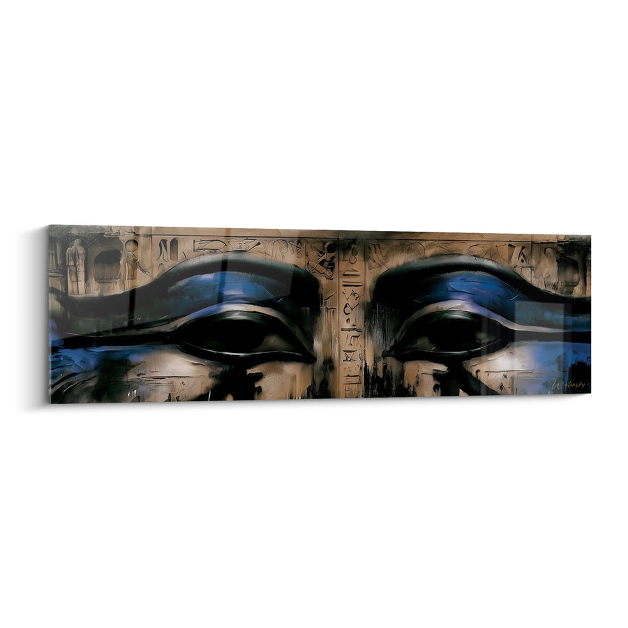 Tableau Yeux pharaoniques noirs et bleus aux hiéroglyphes gravés - Regard dédoublé sacré - Edition egypte