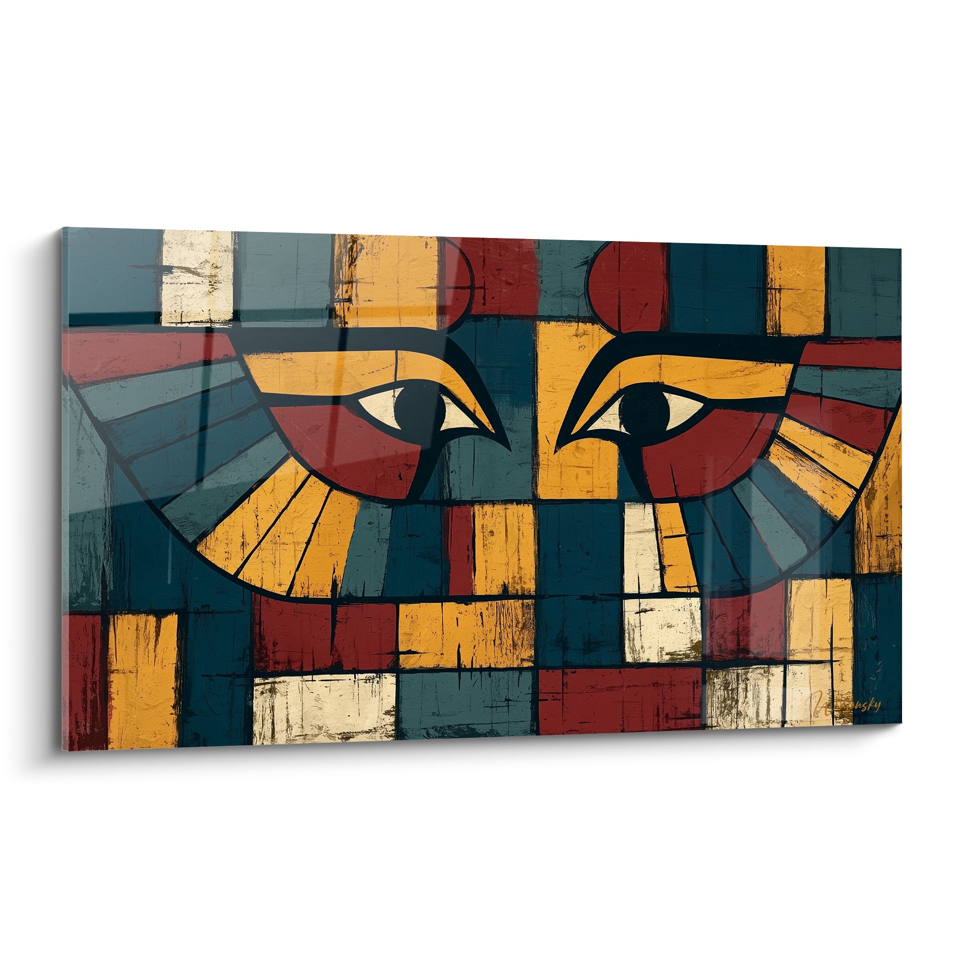 Yeux d'Horus ocre et bleu pétrole en aplats géométriques, style mosaïque égyptienne peinte