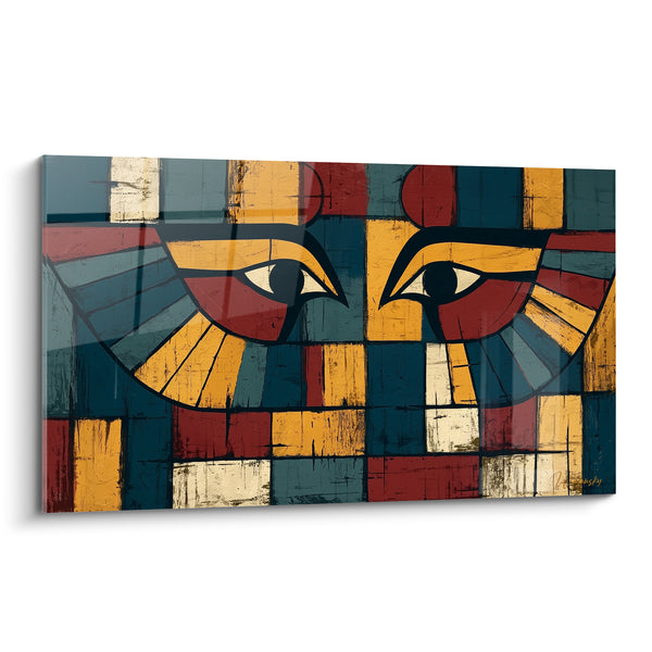 Tableau Yeux d'Horus bleu et ocre à damier - Regards jumeaux géométriques - Edition egypte