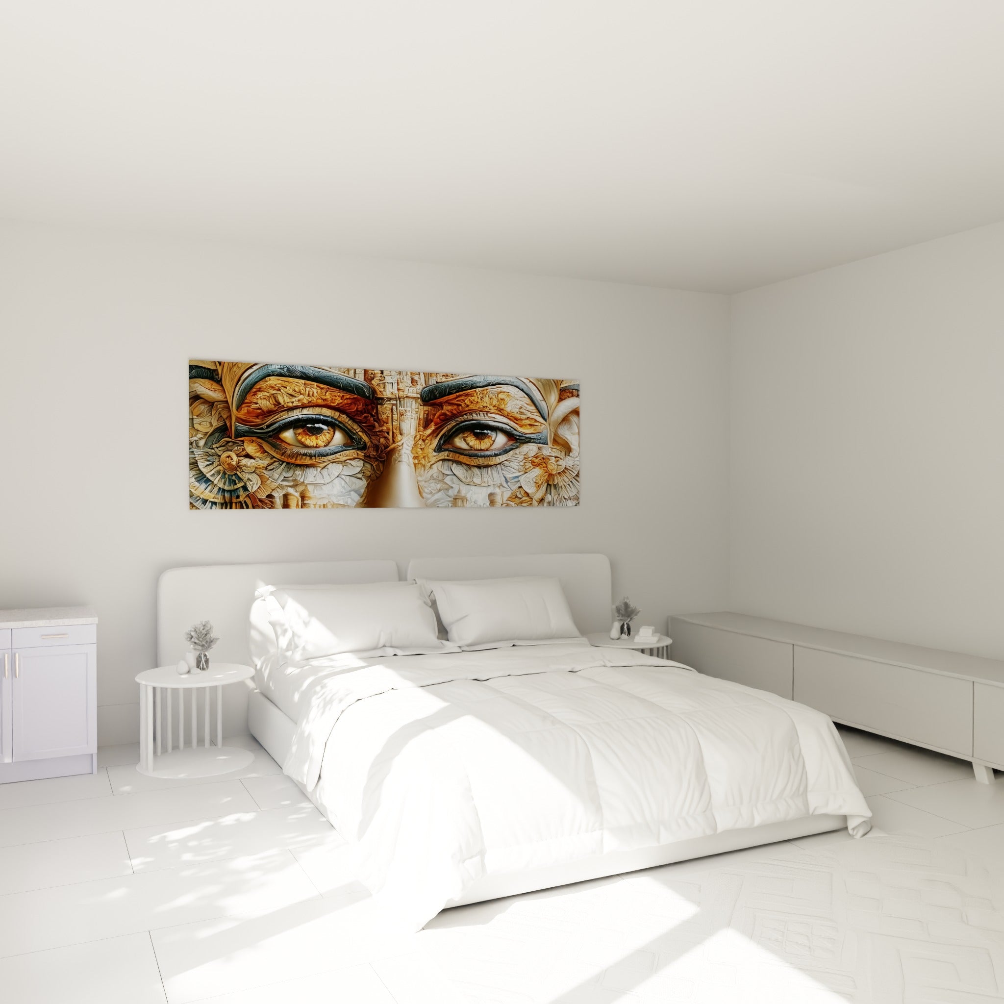 Yeux dorés égyptiens intenses cernés d'anthracite, accrochés au-dessus d'un lit dans une chambre claire