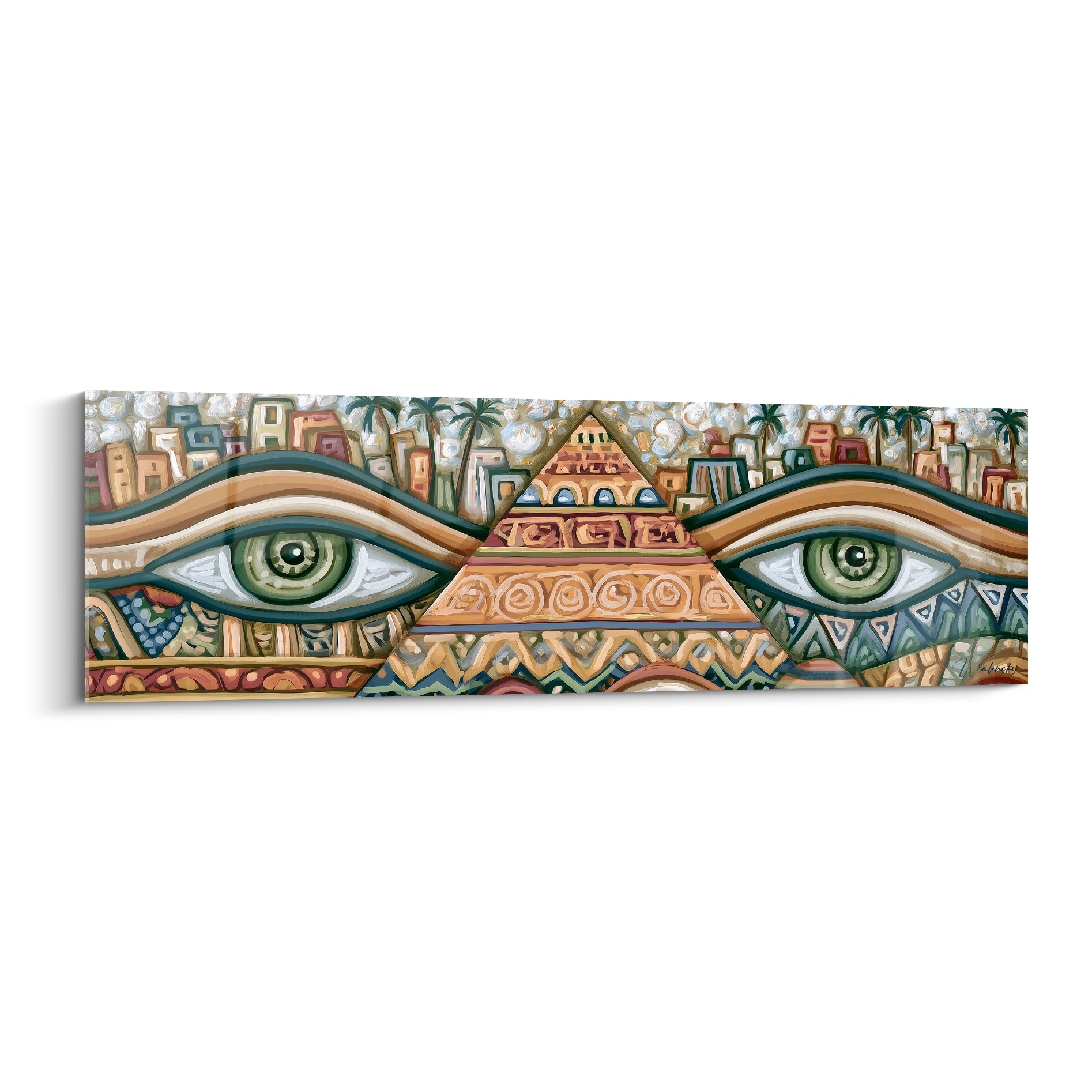 Yeux verts et bleu pétrole encadrant une pyramide ocre stylisée, style égyptien graphique et coloré