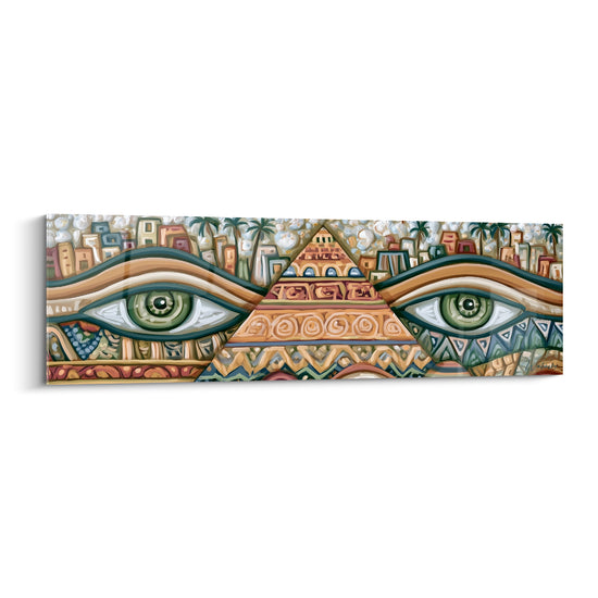 Yeux verts et bleu pétrole encadrant une pyramide ocre stylisée, style égyptien graphique et coloré