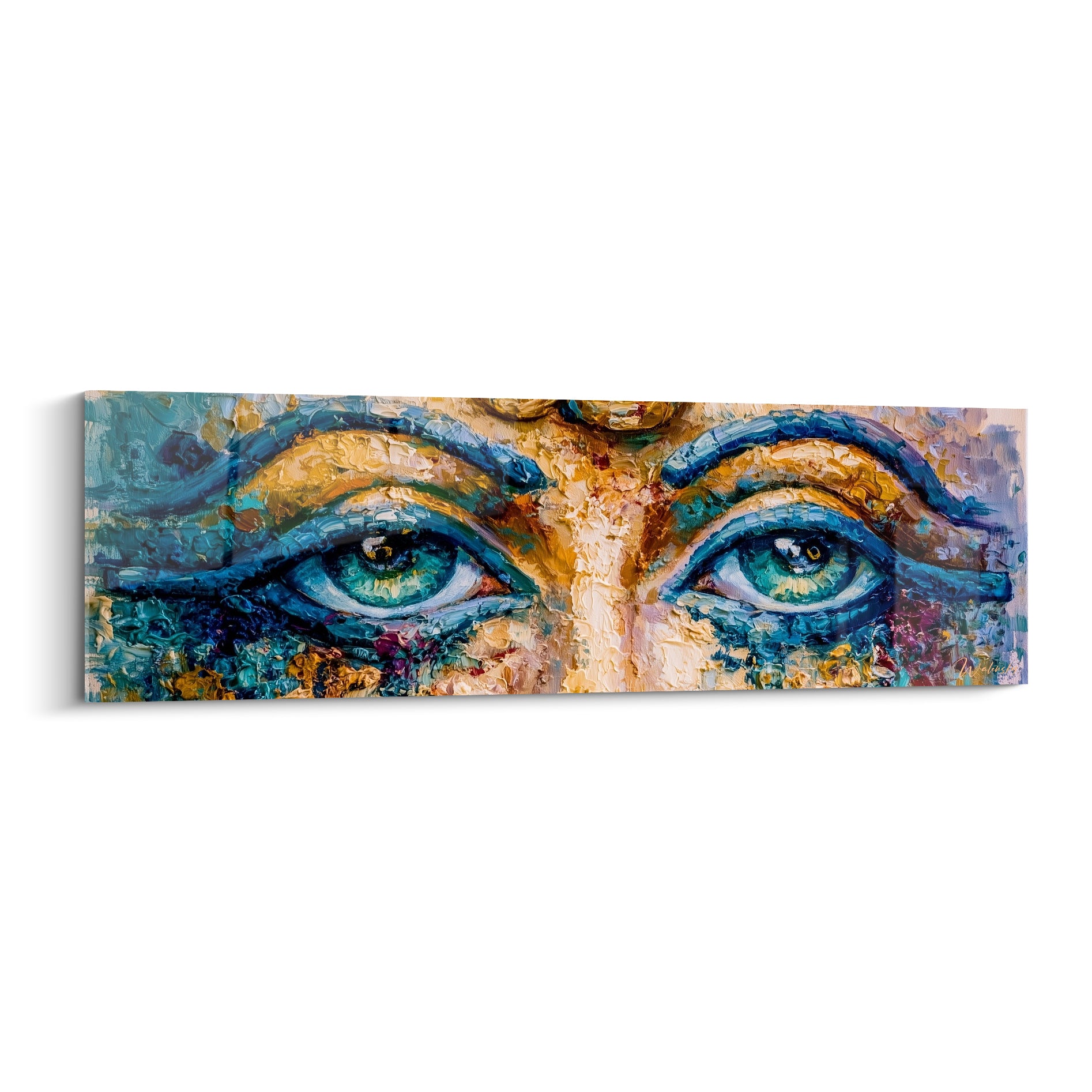 Yeux égyptiens turquoise et ocre peints à la spatule sur fond doré texturé