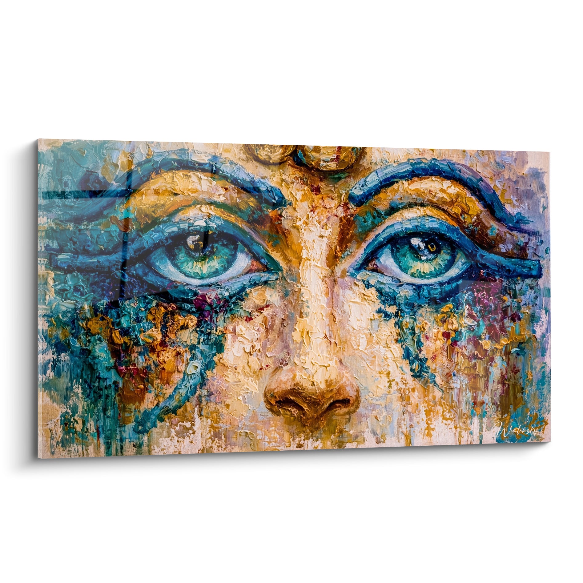 Visage égyptien aux yeux turquoise et doré peint à la spatule, texture épaisse et matière visible