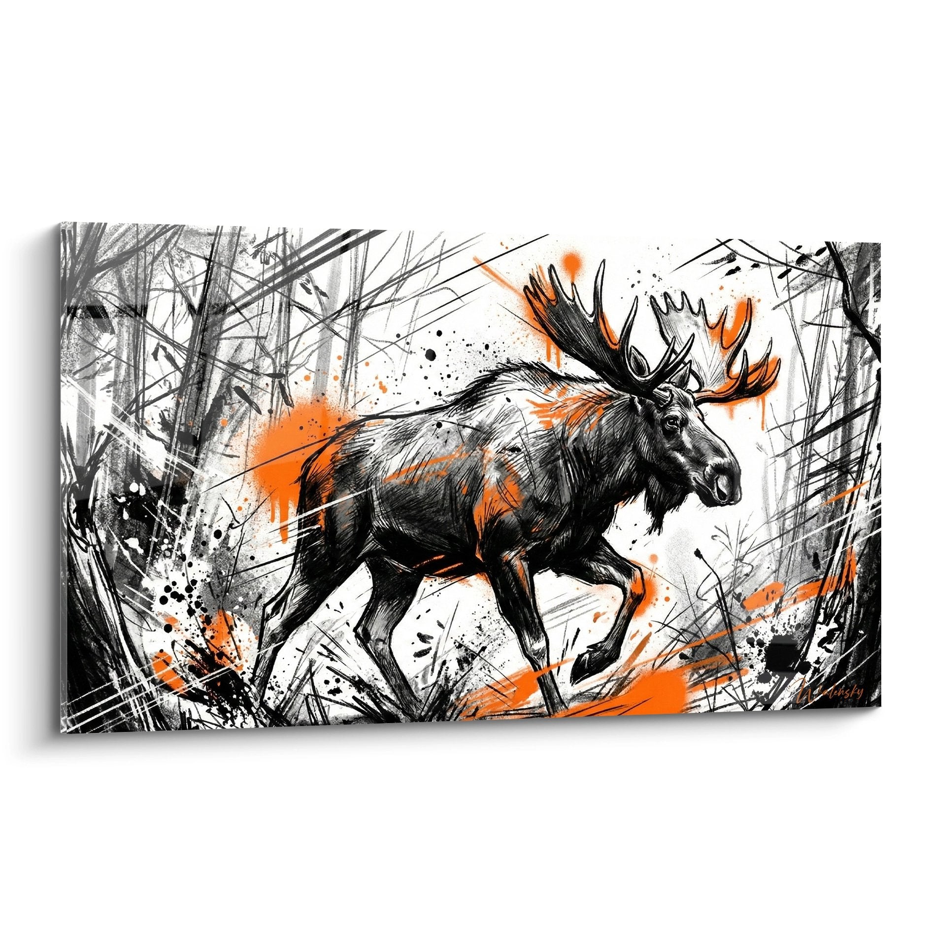 Tableau moderne d'élan majestueux en noir blanc avec éclaboussures orange dans forêt abstraite style expressionniste