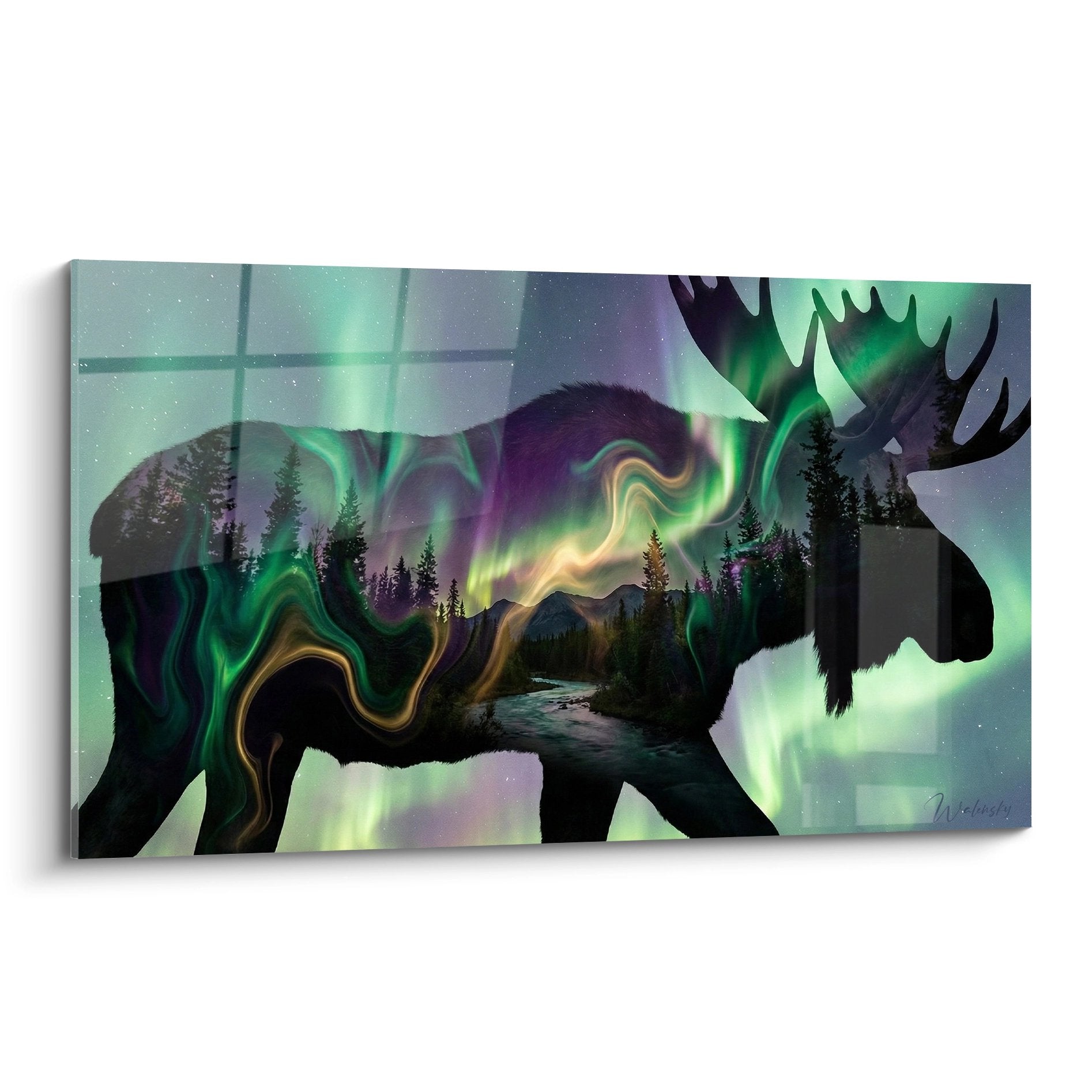 Tableau double exposition élan aurores boréales vertes violettes forêt nordique art contemporain