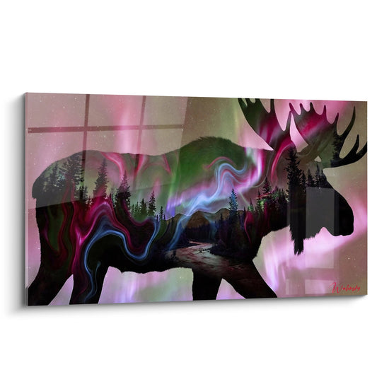 Schilderij Eland Silhouet Aurora Borealis Roze Magenta - Noordse Majesteit - Editie Eland