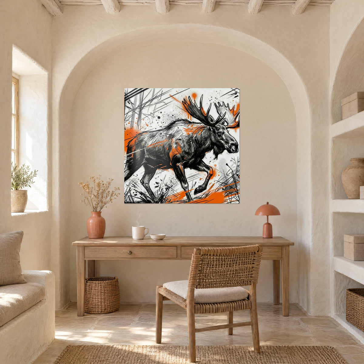 Wall art large elk in full stride, black hatching and orange streaks on white, above a light wood desk