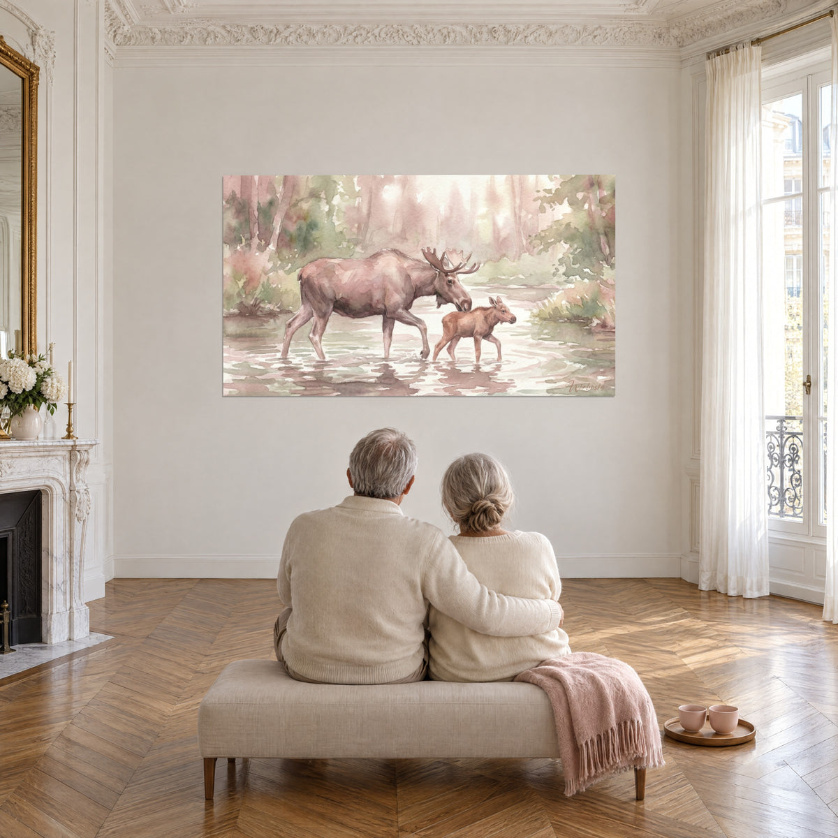 Gemälde großes Hirschtier und sein Kalb, das durchs Wasser zieht, altrosa und salbeigrün, gegenüber einem auf einer beigen Bank sitzenden Paar
