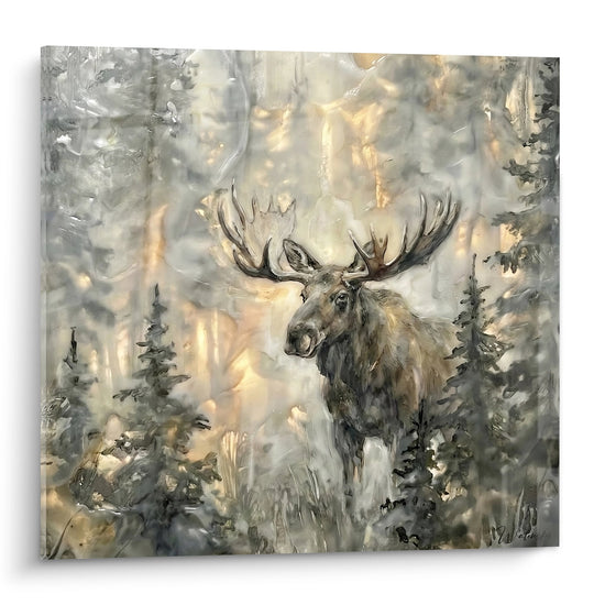 Schilderij Majestueuze Eland in Mistig Bos in Grijs- en Goudtinten - Heer van het Woud - Eland Editie