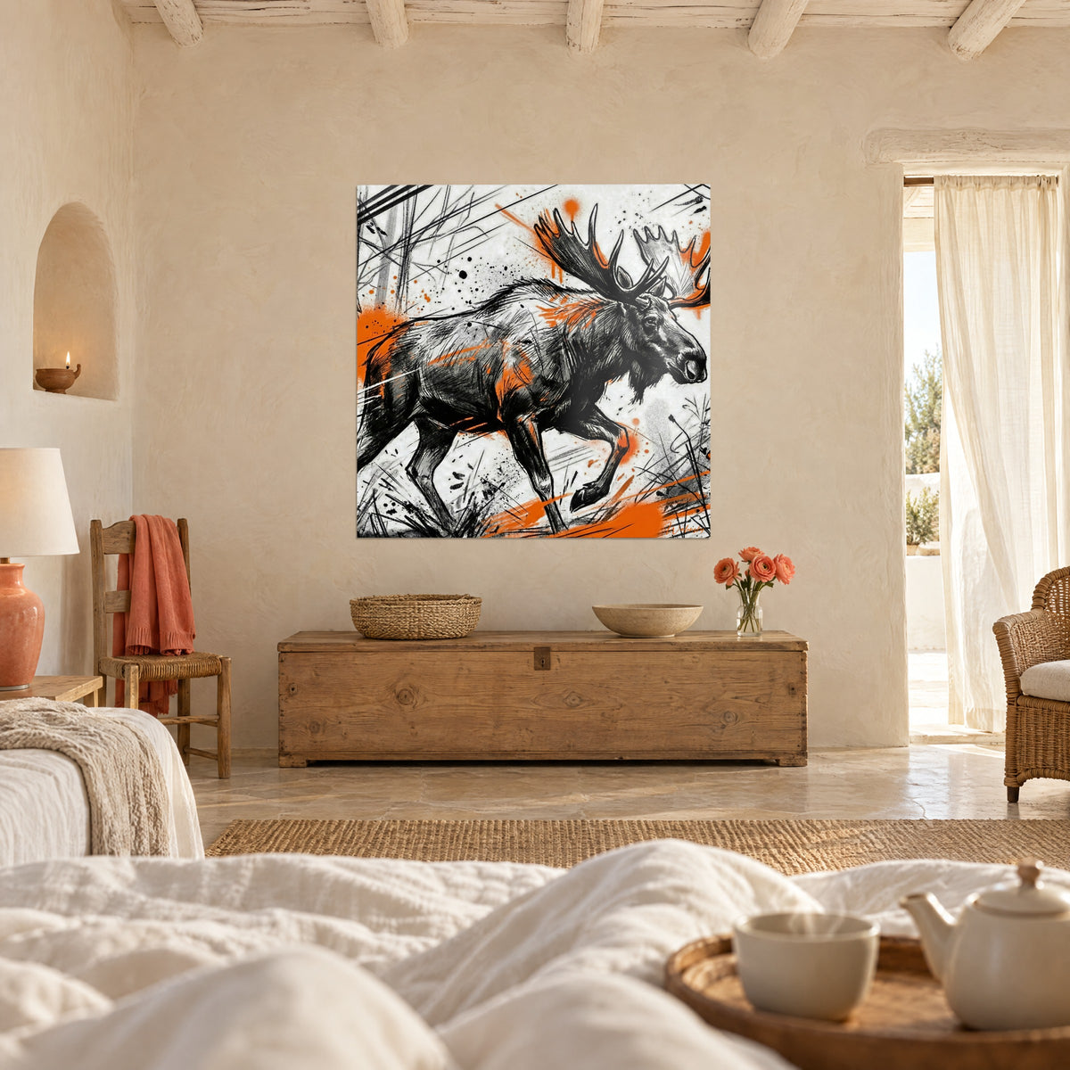 Wall art elk in black sketch with fluorescent orange spots, spread antlers, above a bed in a bright bedroom