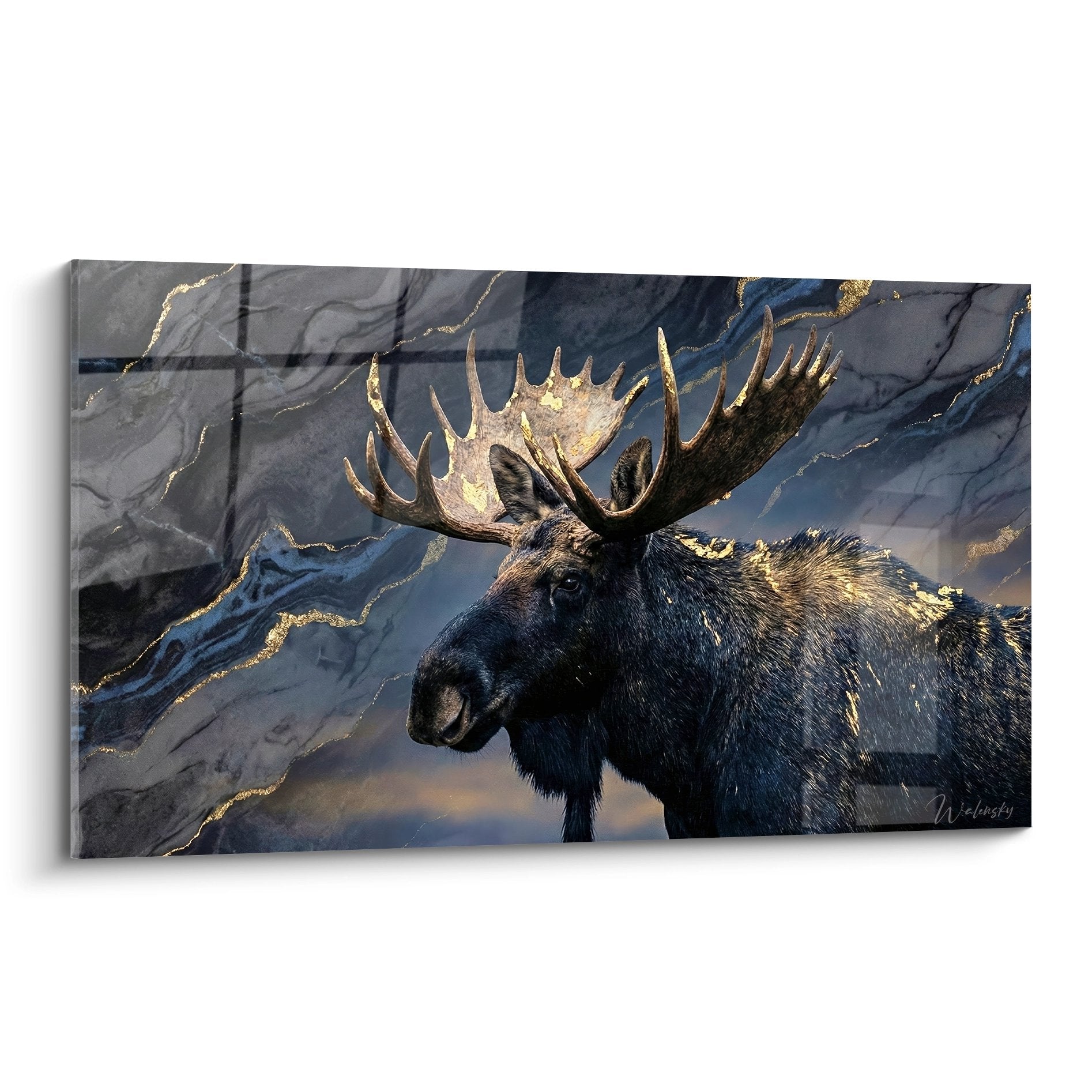 Tableau élan majestueux bois dorés fond marbré bleu or portrait animalier contemporain