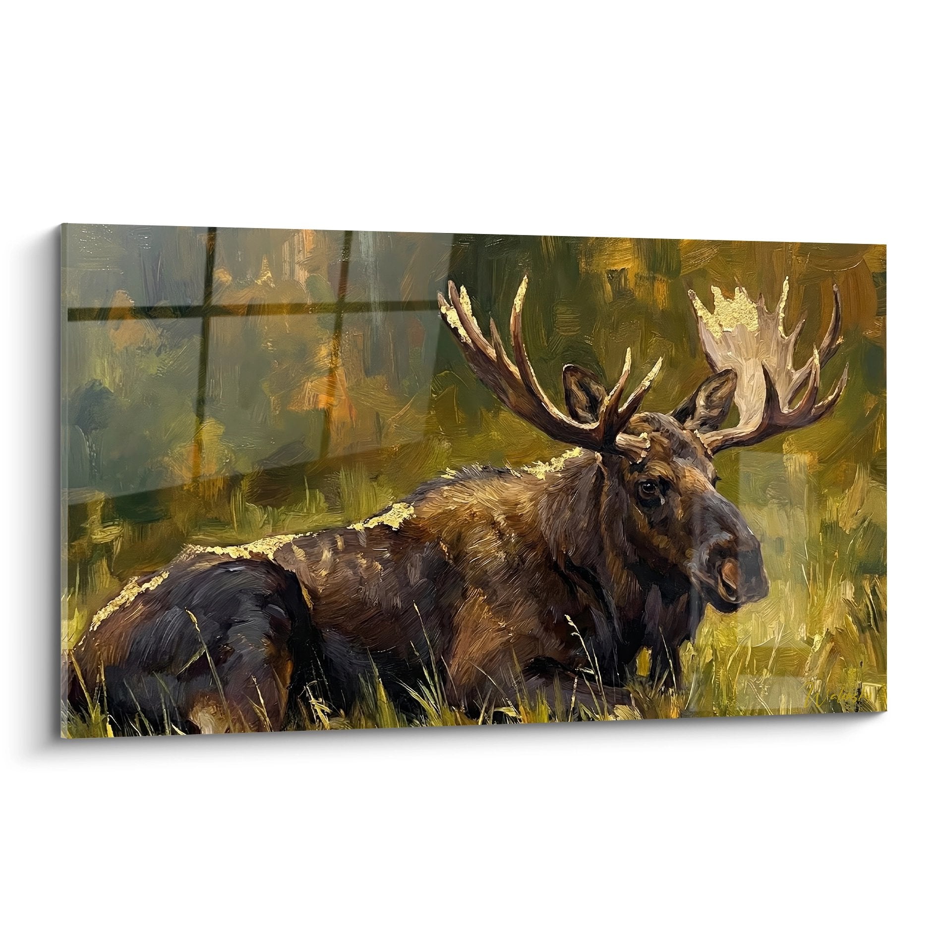 Tableau élan majestueux aux bois imposants dans prairie dorée, peinture tons ocre bruns style impressionniste