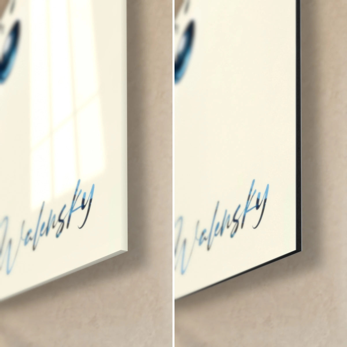Wall art orca on a cream background, bottom right corner: glossy acrylic glass on the left, matte black Dibond aluminum on the right, 3 mm edge