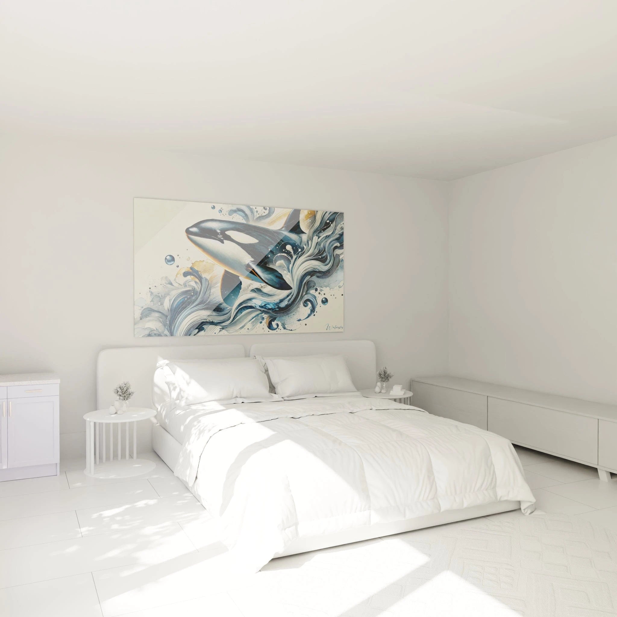 tableau orque accroché au mur dans une chambre au-dessus du lit ambiance apaisante bleus océaniques et touches dorées


