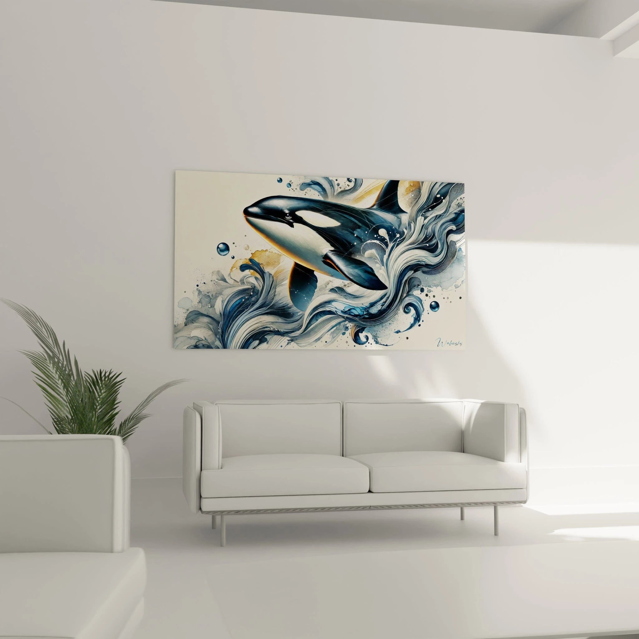 tableau orque accroché au mur dans un salon au-dessus d’un canapé pièce maîtresse contrastes lumineux bleu blanc et or

