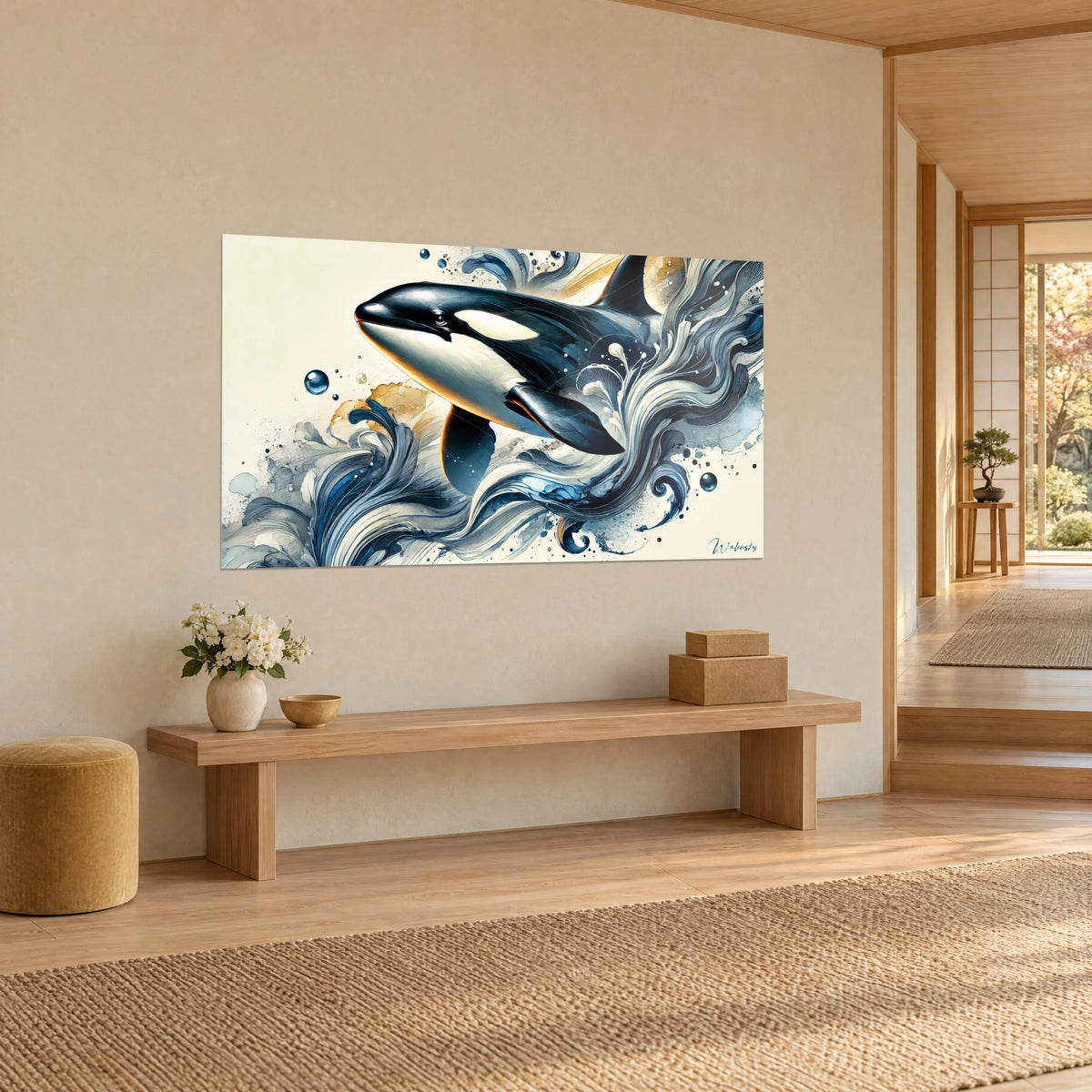 Wall art orca gliding over indigo and cream ink waves with gold flecks, three-quarter view, beige wall, wooden bench