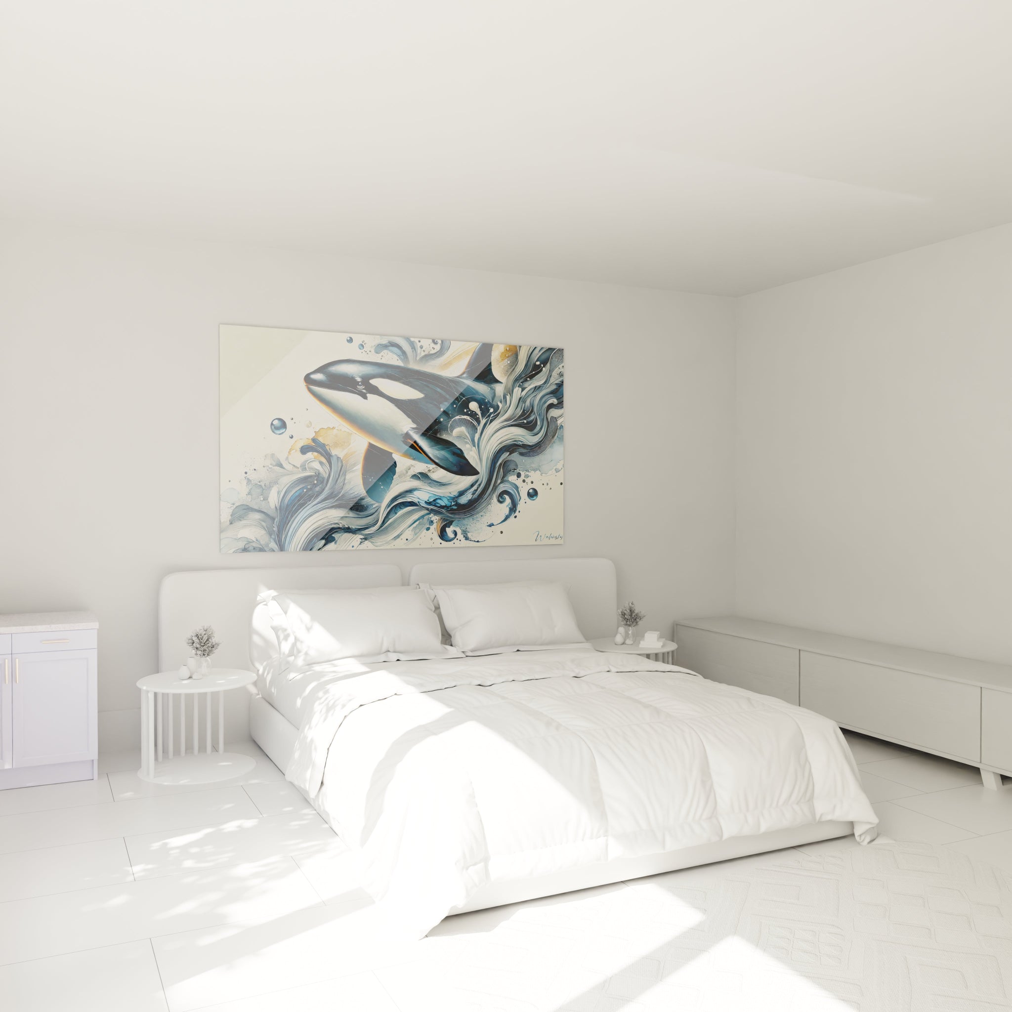 tableau orque accroché au mur dans une chambre au-dessus du lit ambiance apaisante bleus océaniques et touches dorées

