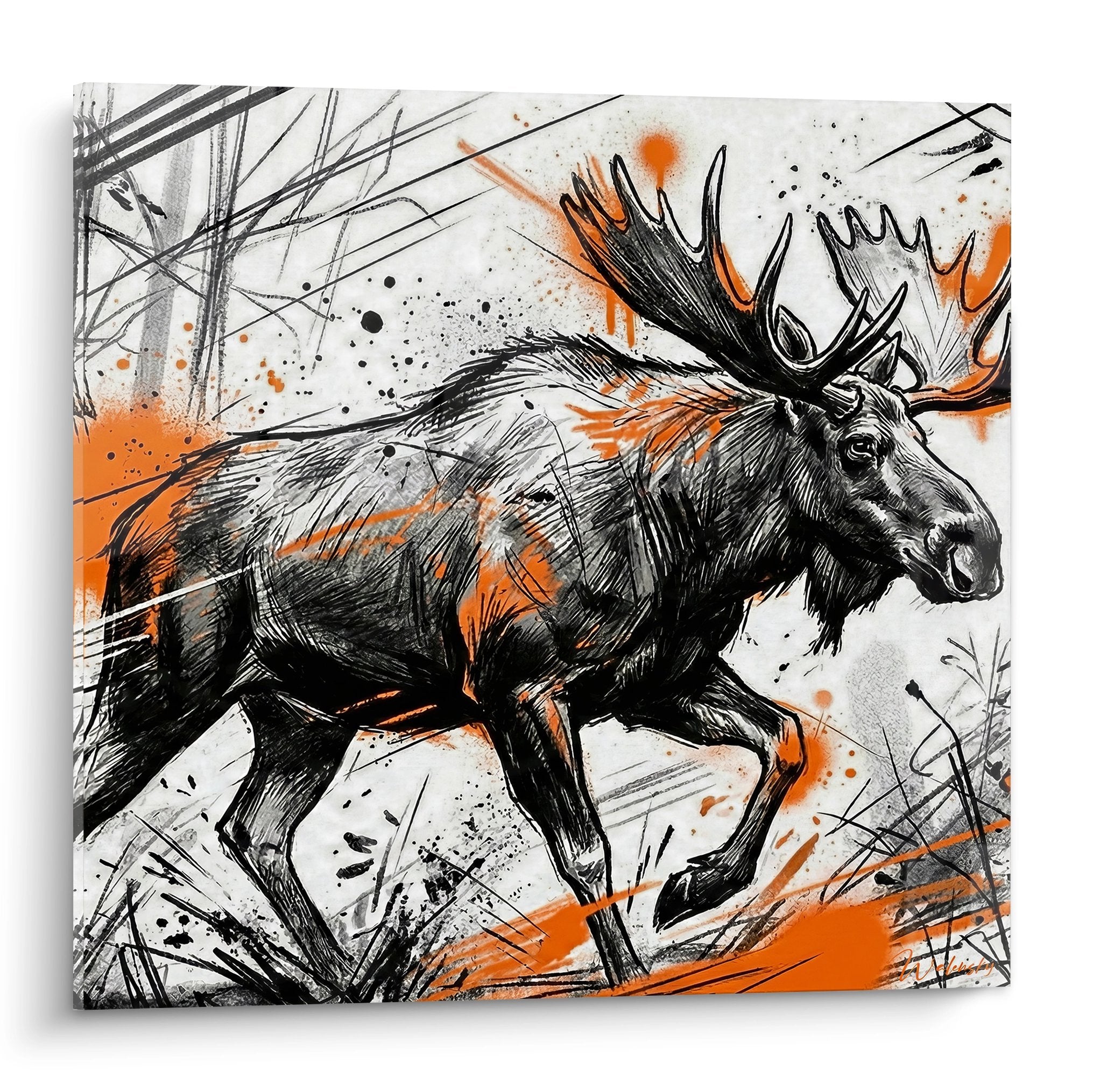 Tableau artistique élan noir et orange traits expressifs style contemporain Edition Elan décoration murale