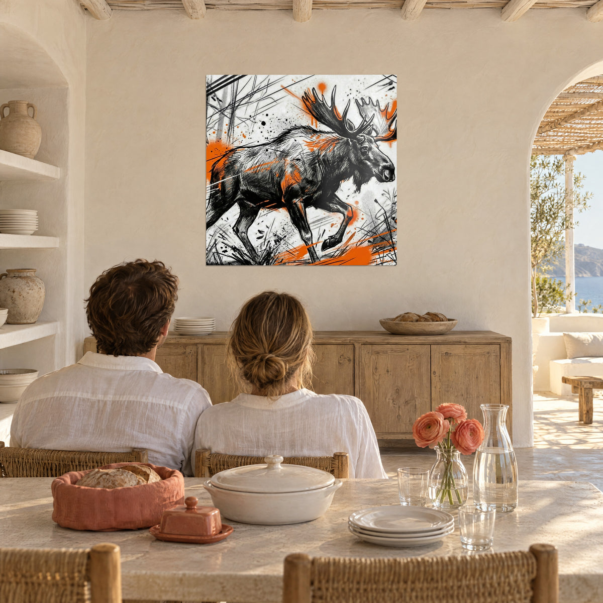Wall art wild animal drawn in black line, orange and grey drops, couple seen from behind on a sofa, Mediterranean living room