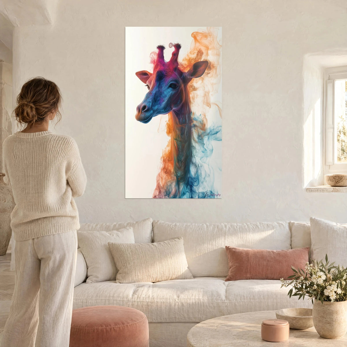 Gemälde Giraffe im Profil mit blauen und orangefarbenen Rauchschwaden, Frau von hinten, über einem Sofa in einem hellen Wohnzimmer