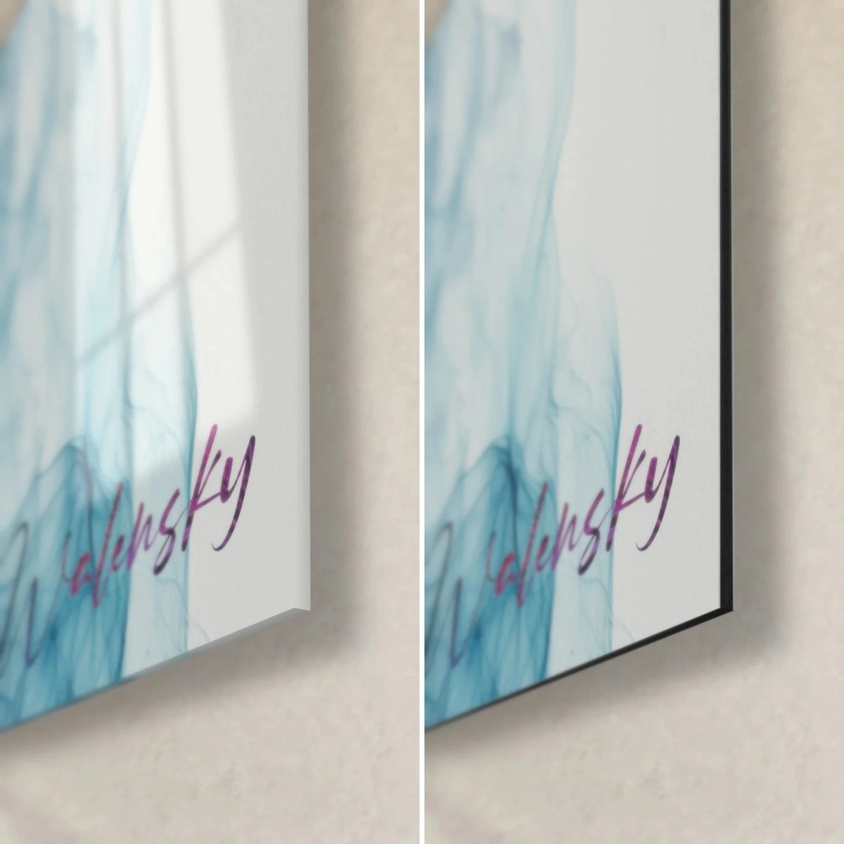 Gemälde Giraffe in blauem Rauch, violette Walensky-Signatur, untere rechte Ecke: glänzendes Acrylglas und mattes schwarzes Dibond