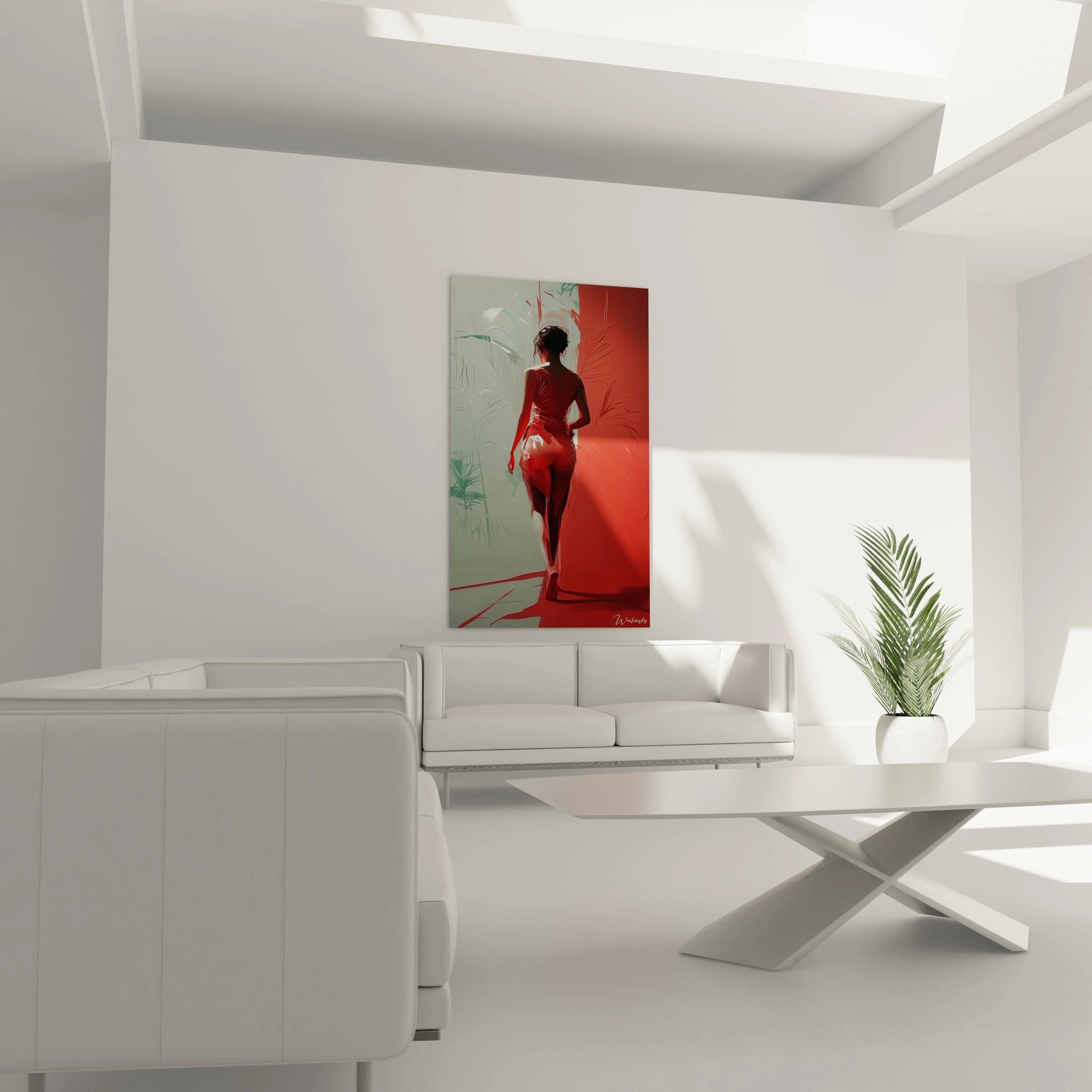 Tableau sensuelle abstrait avec une figure féminine en mouvement, utilisant des textures lisses et des couleurs rouges, vertes et blanches équilibrées.
