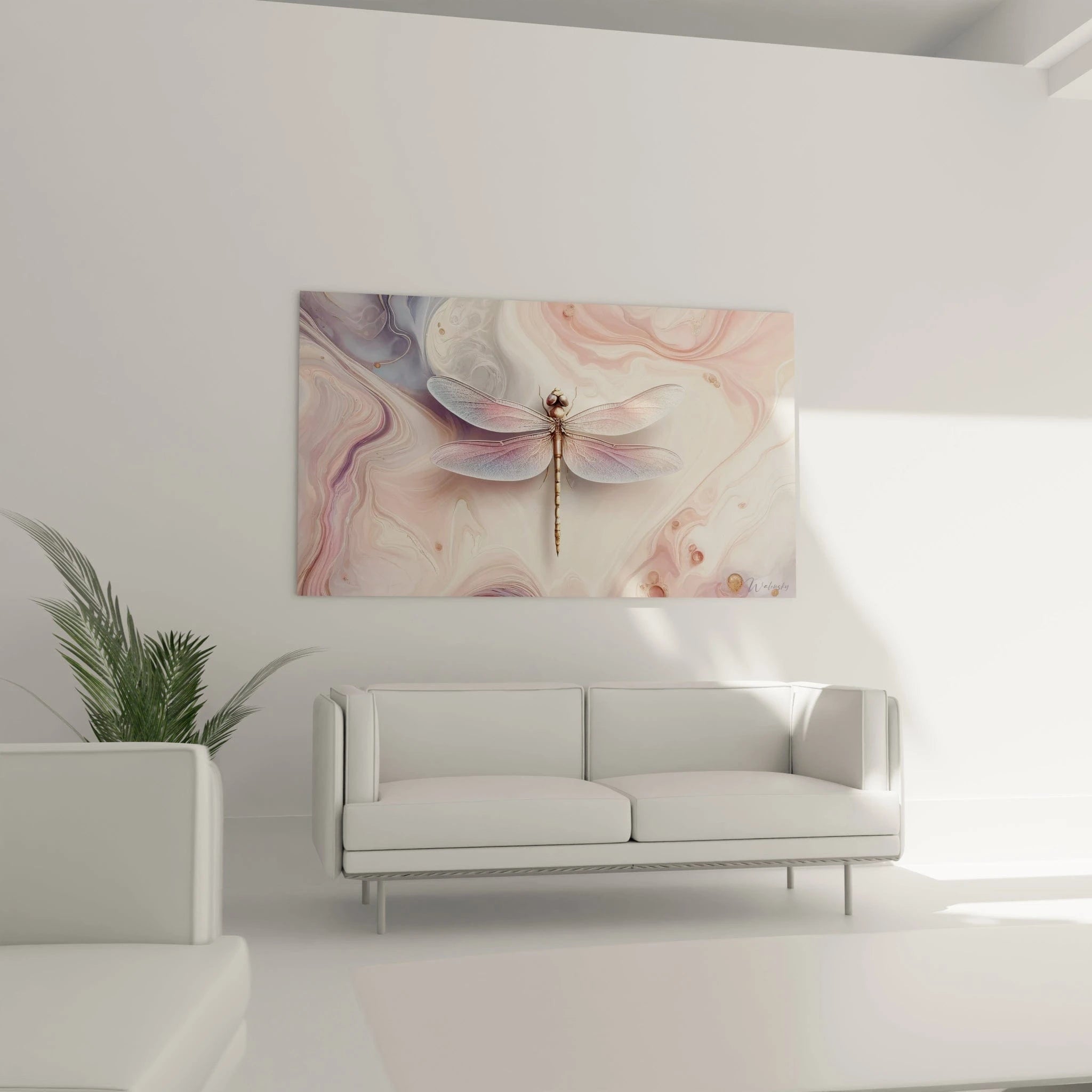 Un tableau abstrait d'insecte ailé sur surface fluide. Les couleurs principales sont blanc opalin, rose quartz, bleu glacier et or. La texture montre un fond d'art fluide aux mouvements ondoyants et quelques bulles dorées, surmonté d'une libellule détaillée avec des ailes délicatement veinées et un corps segmenté métallique.
