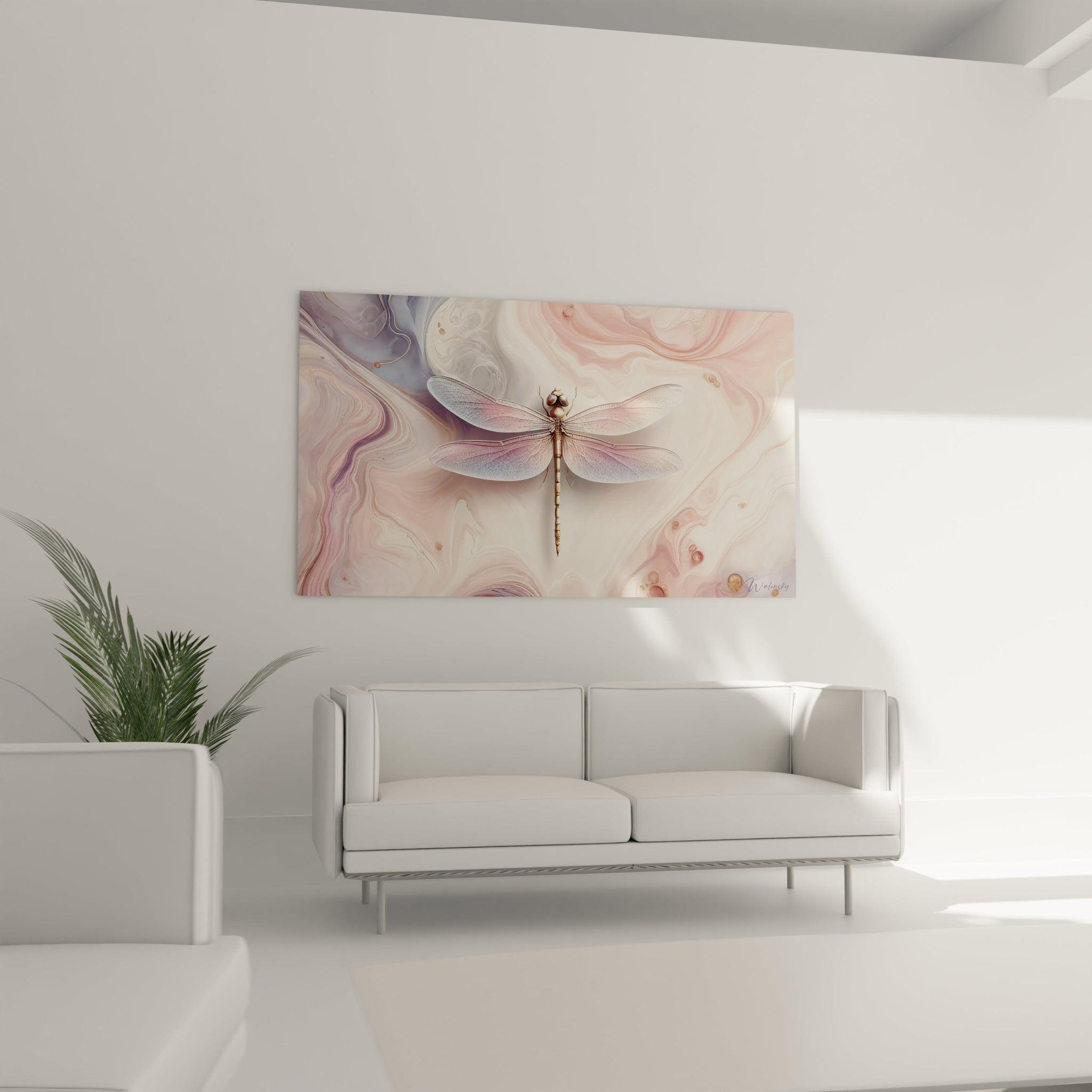 Un tableau abstrait d'insecte ailé sur surface fluide. Les couleurs principales sont blanc opalin, rose quartz, bleu glacier et or. La texture montre un fond d'art fluide aux mouvements ondoyants et quelques bulles dorées, surmonté d'une libellule détaillée avec des ailes délicatement veinées et un corps segmenté métallique.
