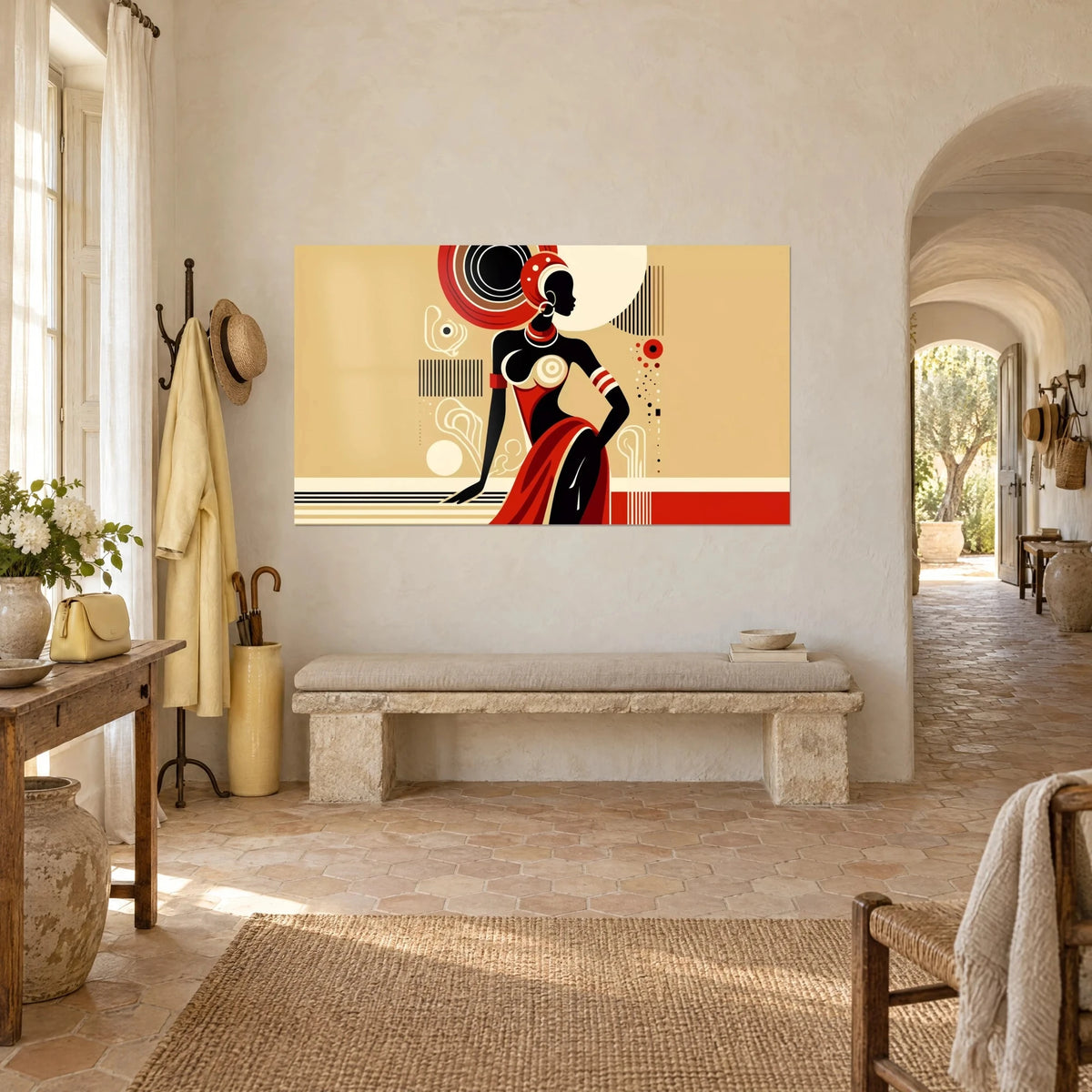 Cuadro elegancia africana estilizada, vestido rojo drapeado y círculos negros concéntricos, vista de tres cuartos en un mas provenzal