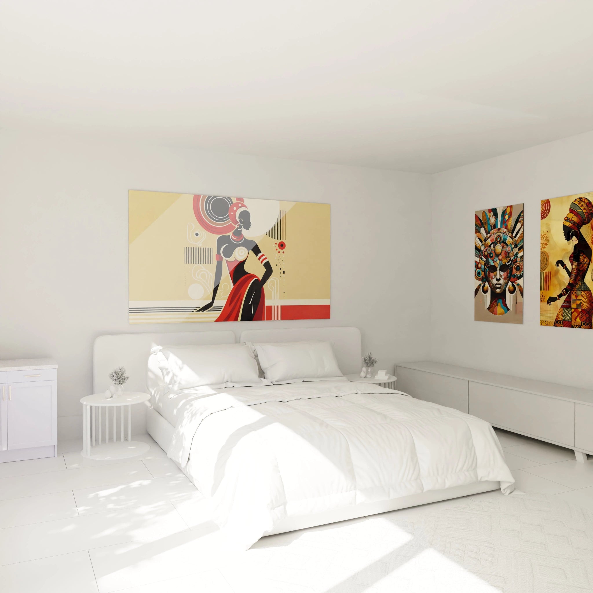 Accroché au-dessus du lit, ce tableau africain aux couleurs vibrantes crée une ambiance apaisante et dynamique, apportant force et élégance dans une chambre moderne et minimaliste.

