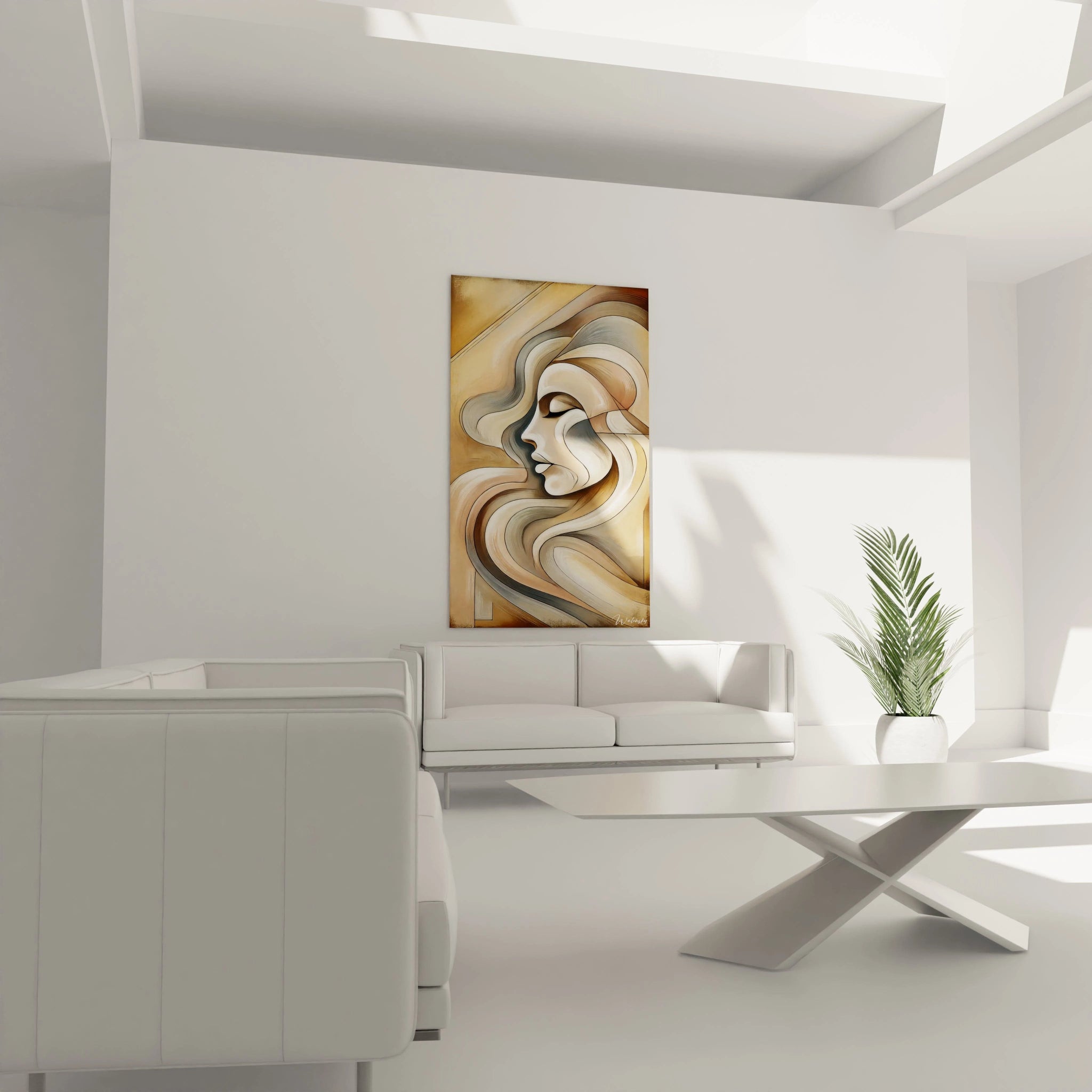 "Tableau 'Élégance Courbée' sublimant le salon. Son style cubiste et ses nuances de beige et gris rehaussent l'élégance de l'espace au-dessus du canapé."