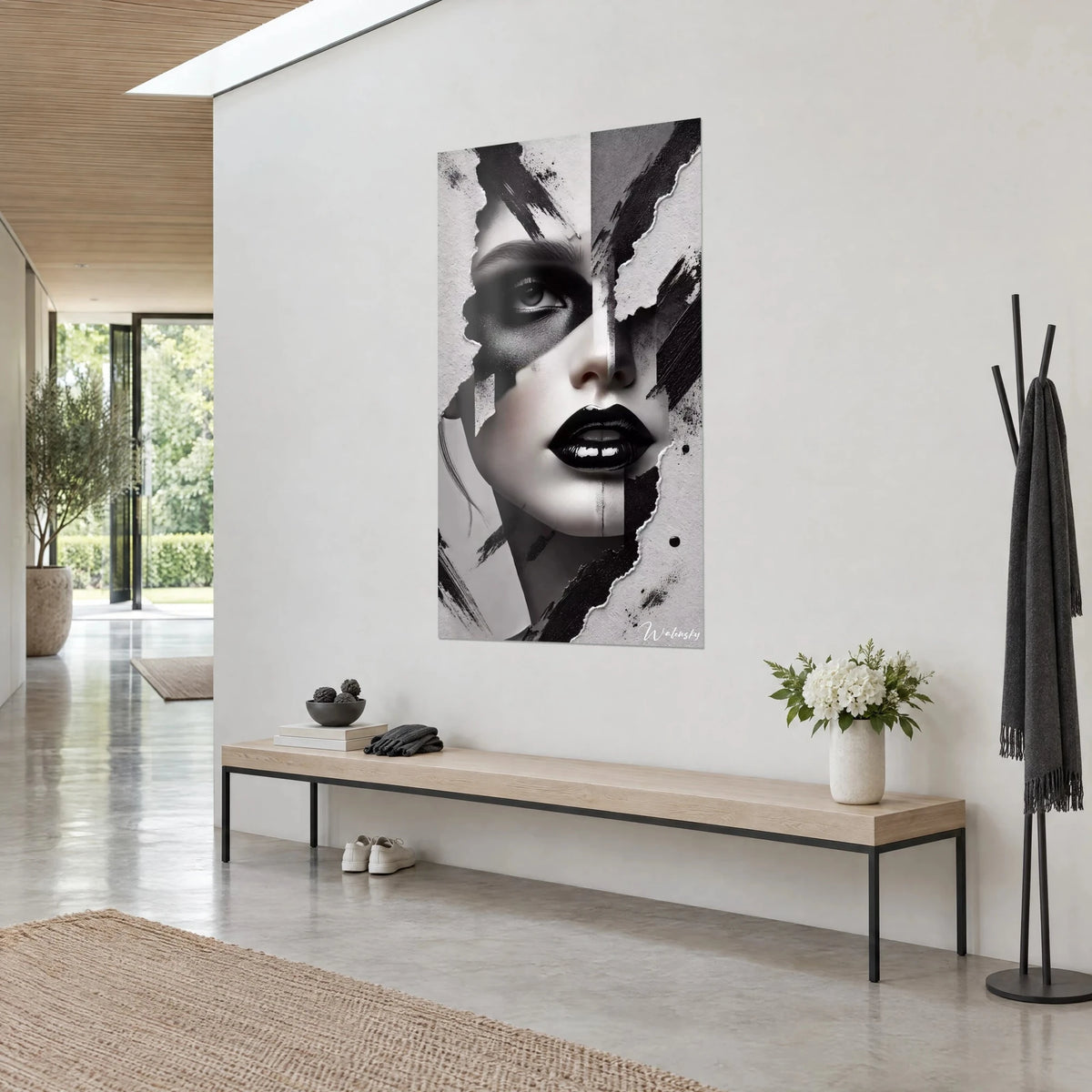 Wall art portrait in torn paper collage, charcoal-smudged eye and black brushstrokes on pearl grey background, three-quarter view