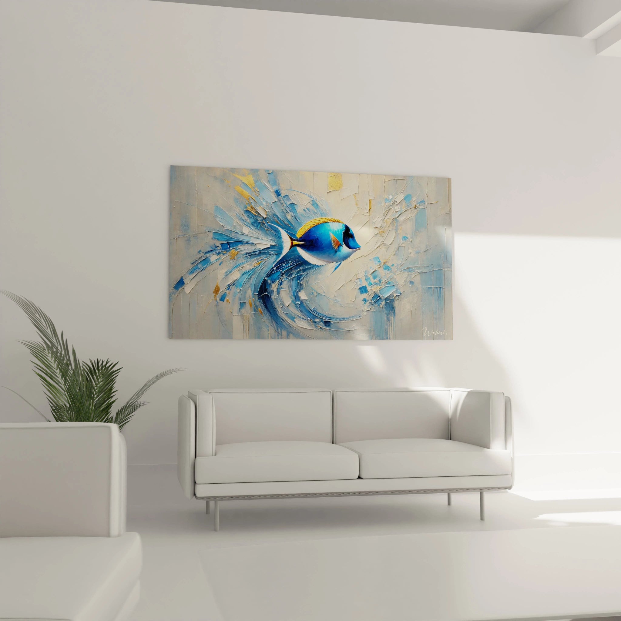le tableau poisson accroche dans un salon au dessus d un canape attire l attention avec ses teintes vives et ses textures uniques apportant une touche artistique a votre interieur moderne

