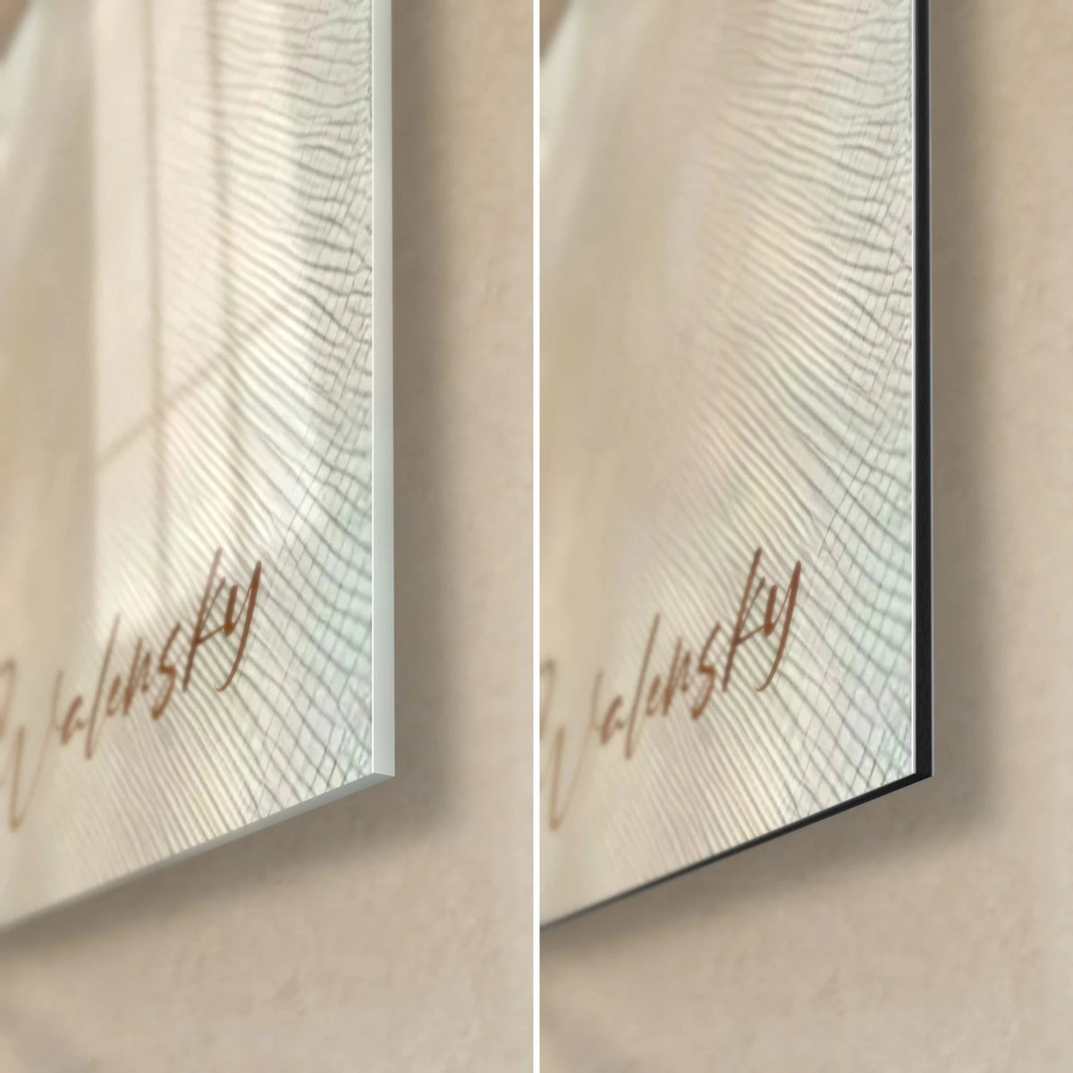 Wall art pearlescent fish with pearly scales, bottom right corner: glossy glass on the left, matte black Dibond and edge on the right
