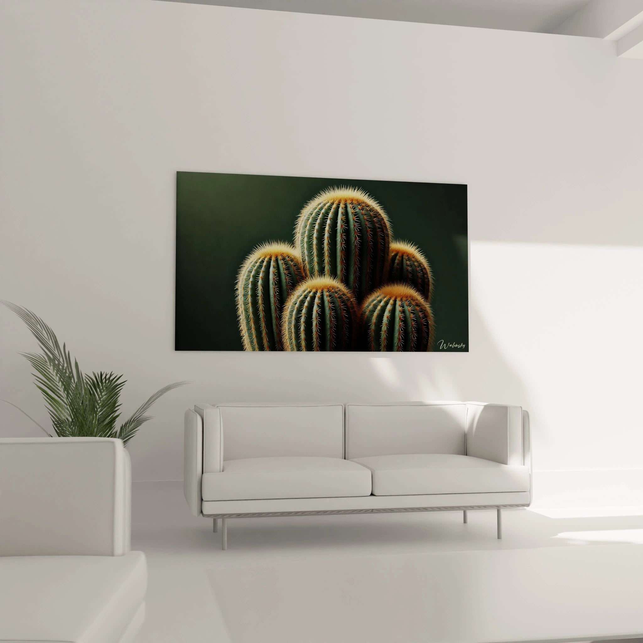 tableau Cactus au dessus d un canape dans un salon moderne evoque mystere et serenite ses couleurs chaudes et contrastes creent un point de mire ideal pour un espace contemporain

