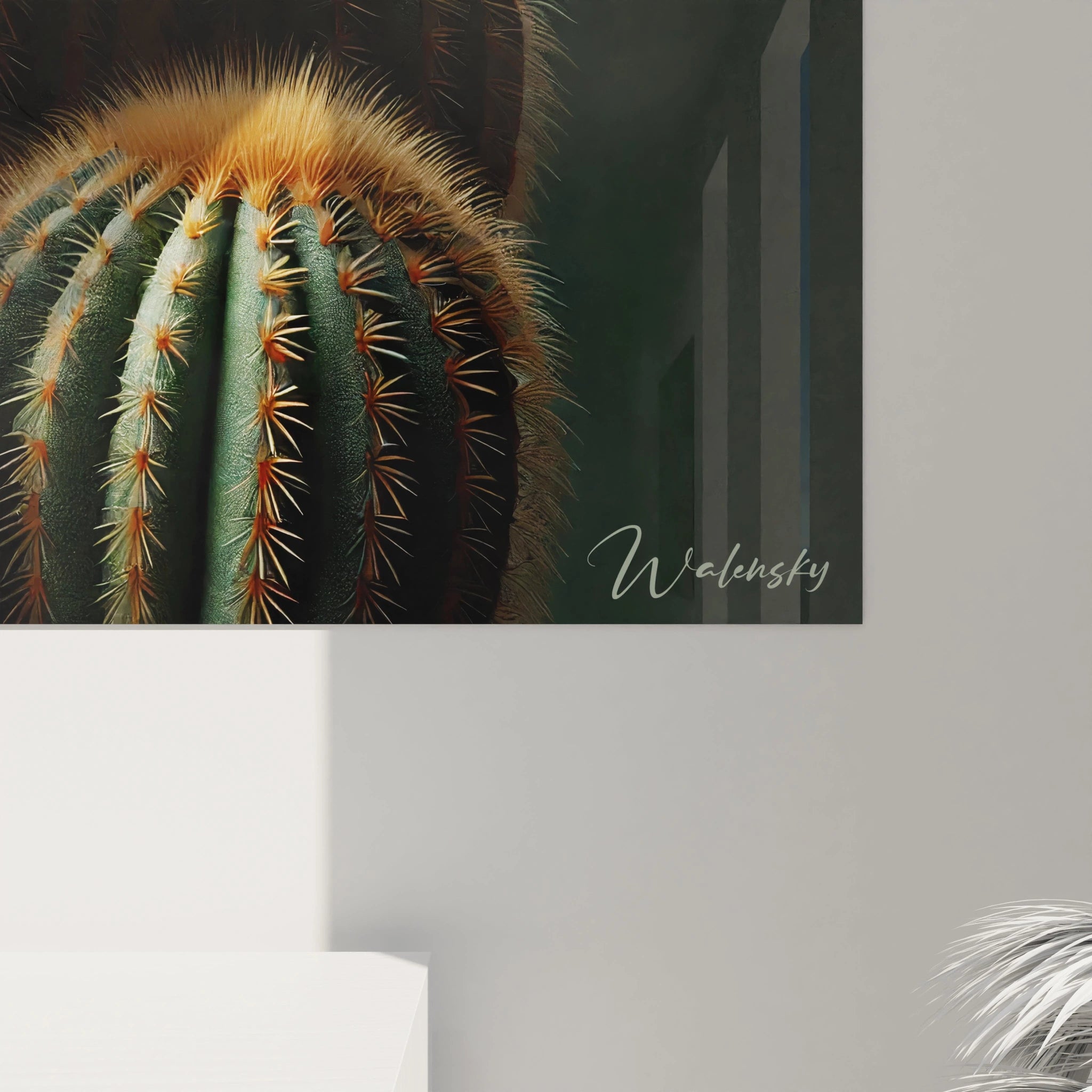 Vue de pres tableau Cactus revele des details captivants chaque epine et ombre sont un hommage a la beaute brute et elegante de la nature






