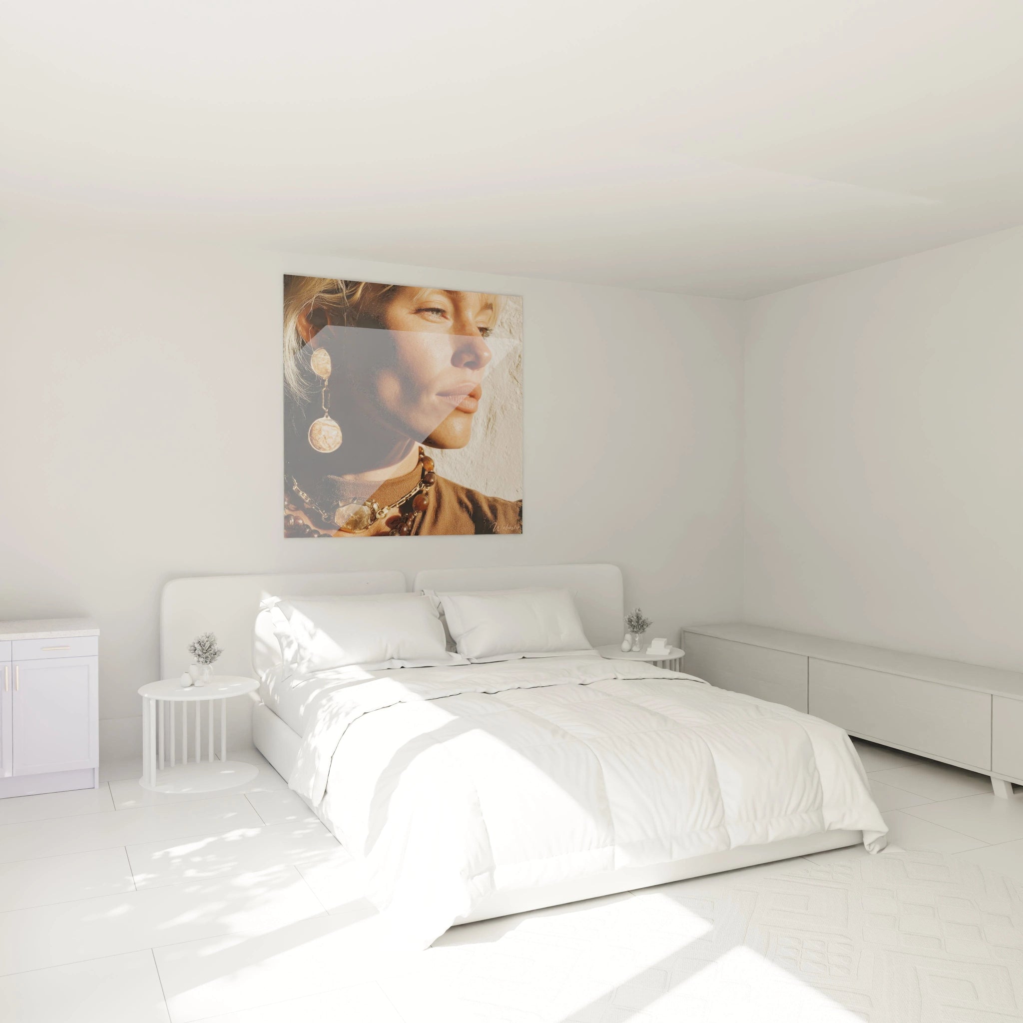 Tableau décoration élégance féminine de Walensky dans une chambre lumineuse avec lit blanc
