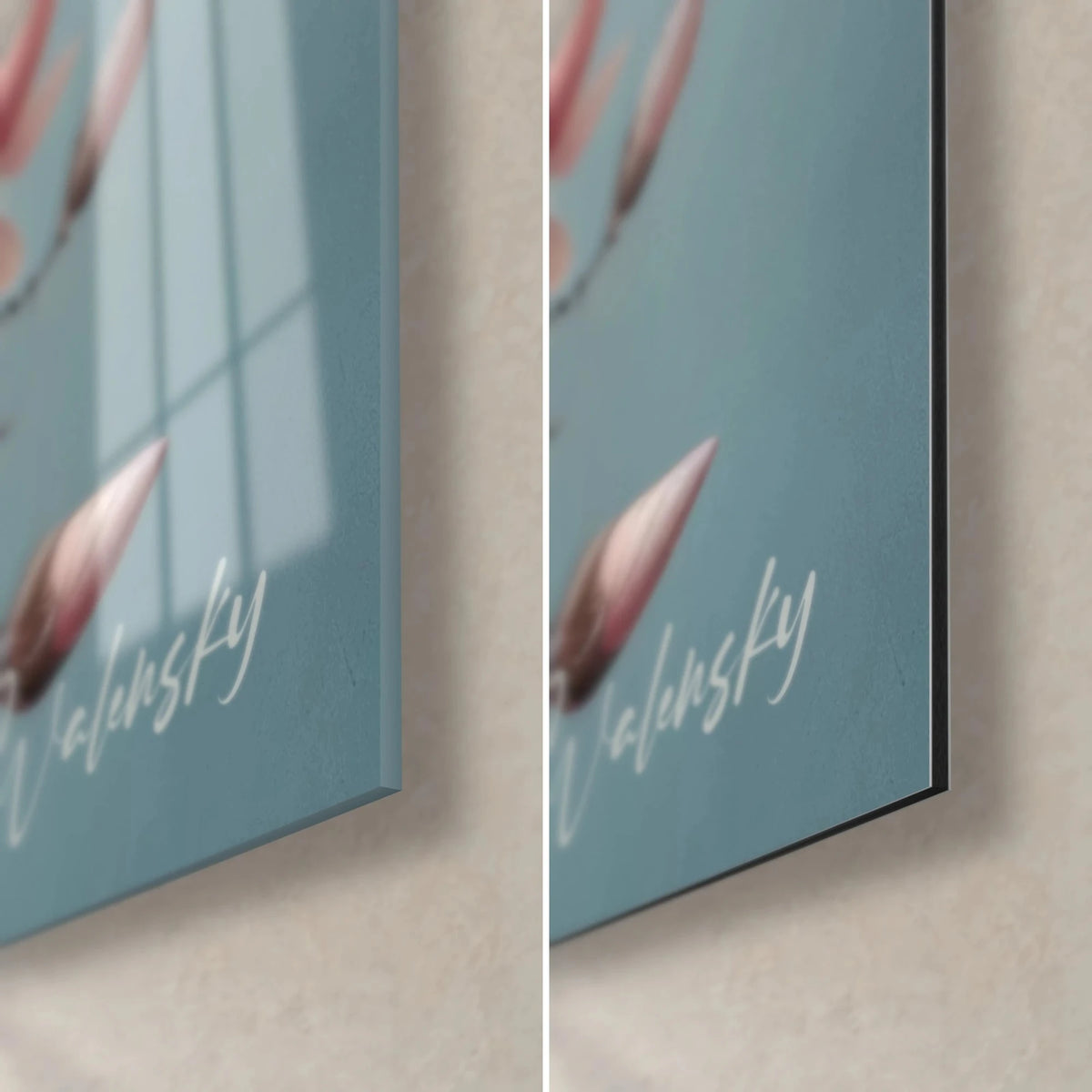 Wall art of pink magnolias, bottom right corner, Walensky signature on blue ground, glossy glass and matte Dibond aluminum