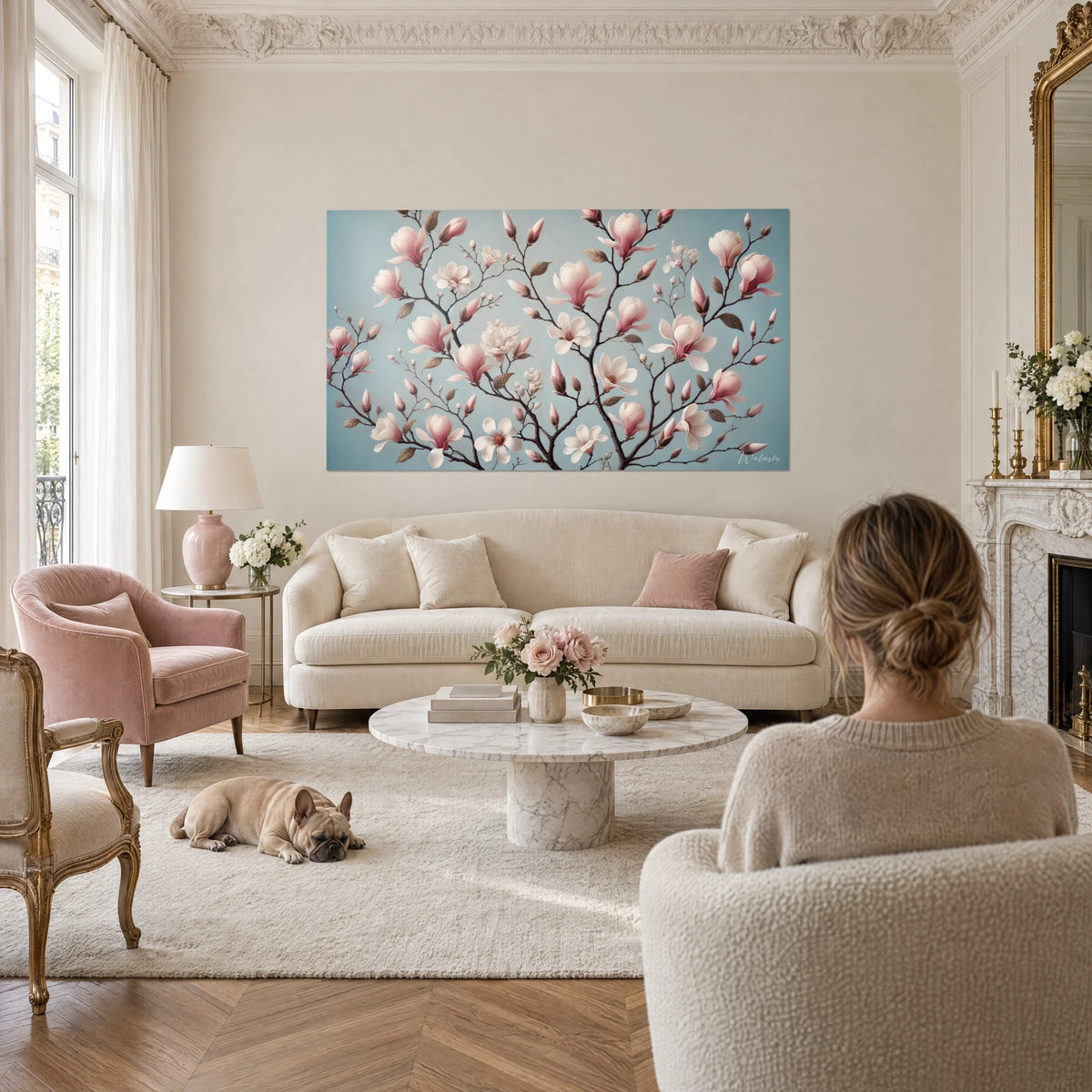 Wall art of blooming magnolia branches, powdery pink petals on a frosted blue background, above a sofa in a bright living room