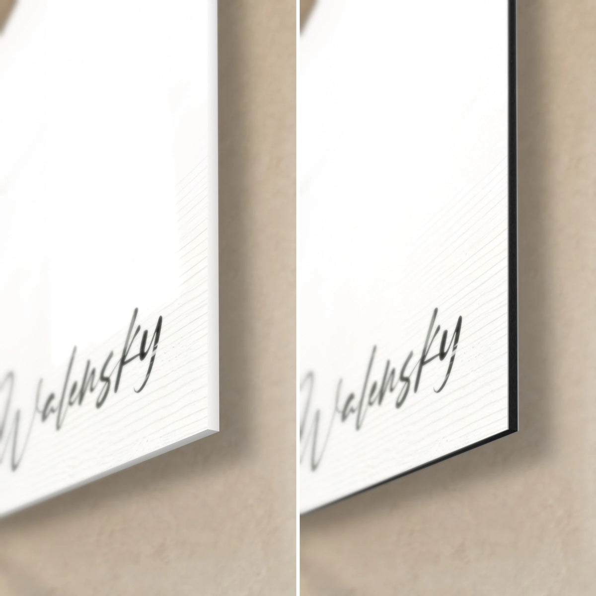 Schilderij van een sierlijke boom in zwart en goud, rechtsonder: glanzend glas met reflecties links, mat wit Dibond rechts, 3 mm rand
