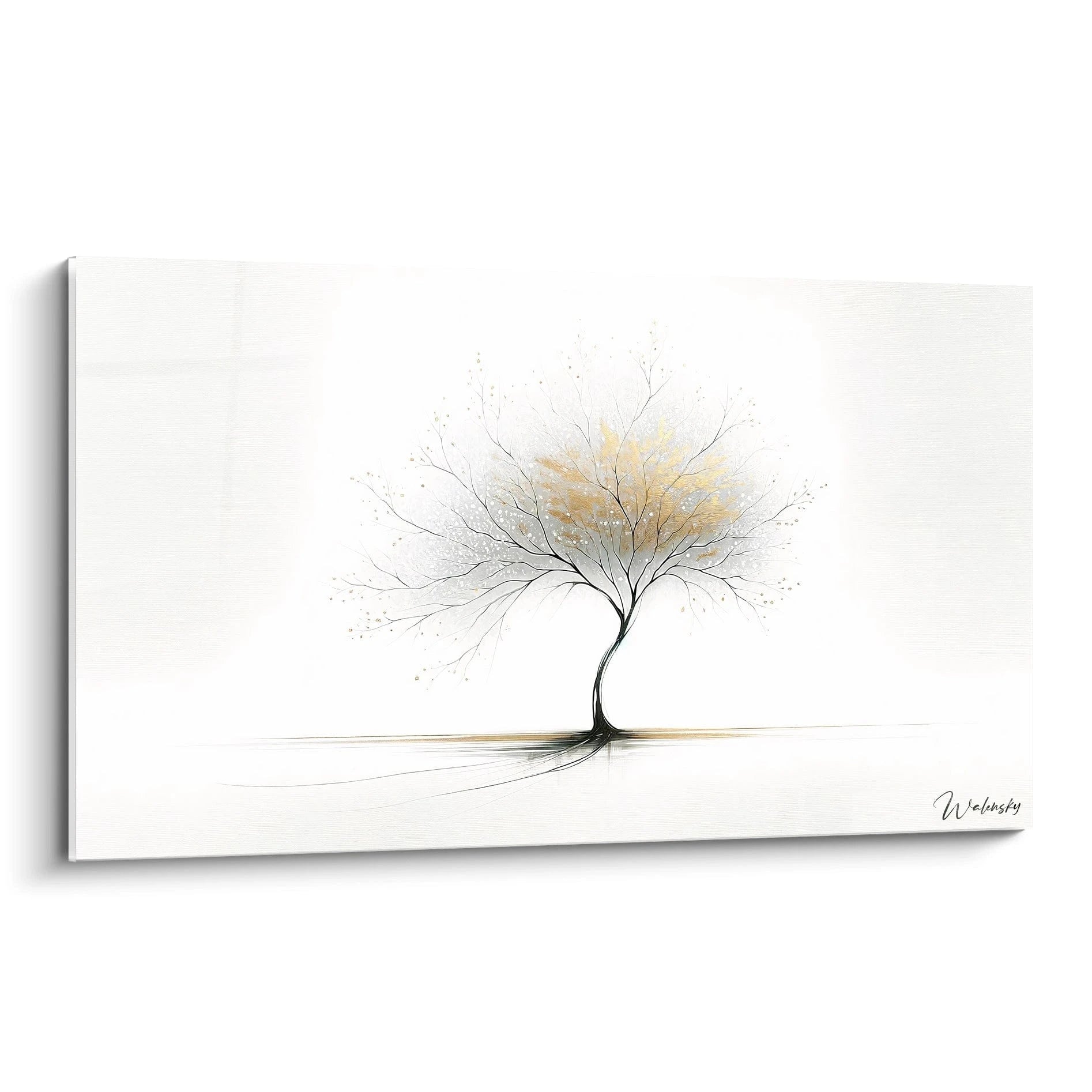 Tableau abstrait représentant un arbre solitaire stylisé sur fond blanc immaculé. Tronc noir fin et élancé avec branches délicates s'étalant en éventail. Feuillage léger rendu par touches dorées et grises vaporeuses. Composition minimaliste avec ligne d'horizon subtile et reflet estompé sous l'arbre.
