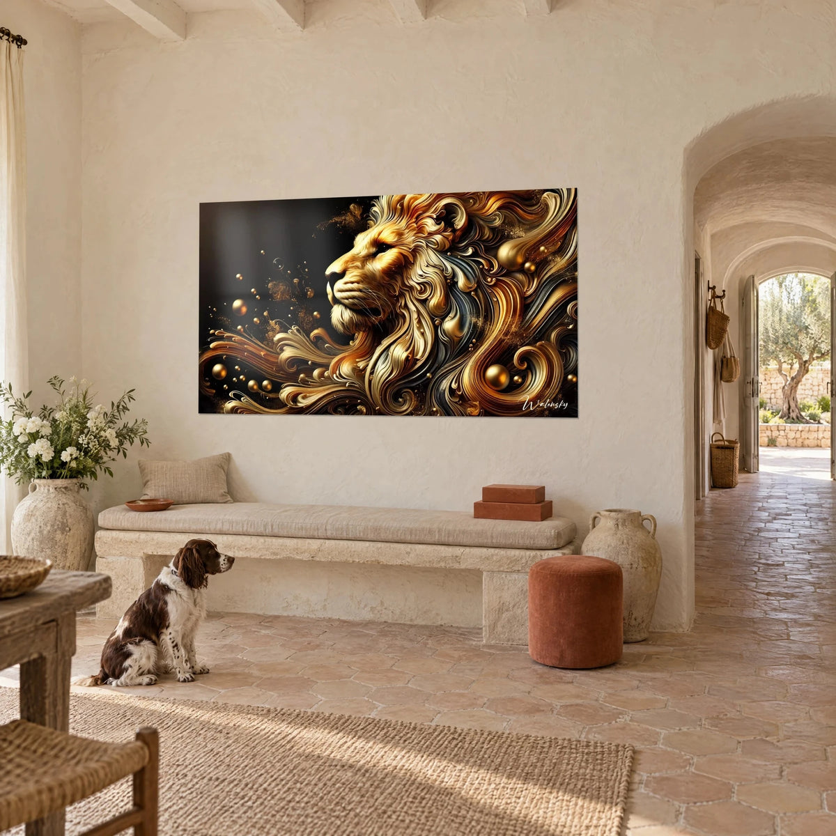 Tableau félin majestueux aux volutes ambre et ivoire, éclaboussures d'or, mur crème d'un mas, spaniel assis en face