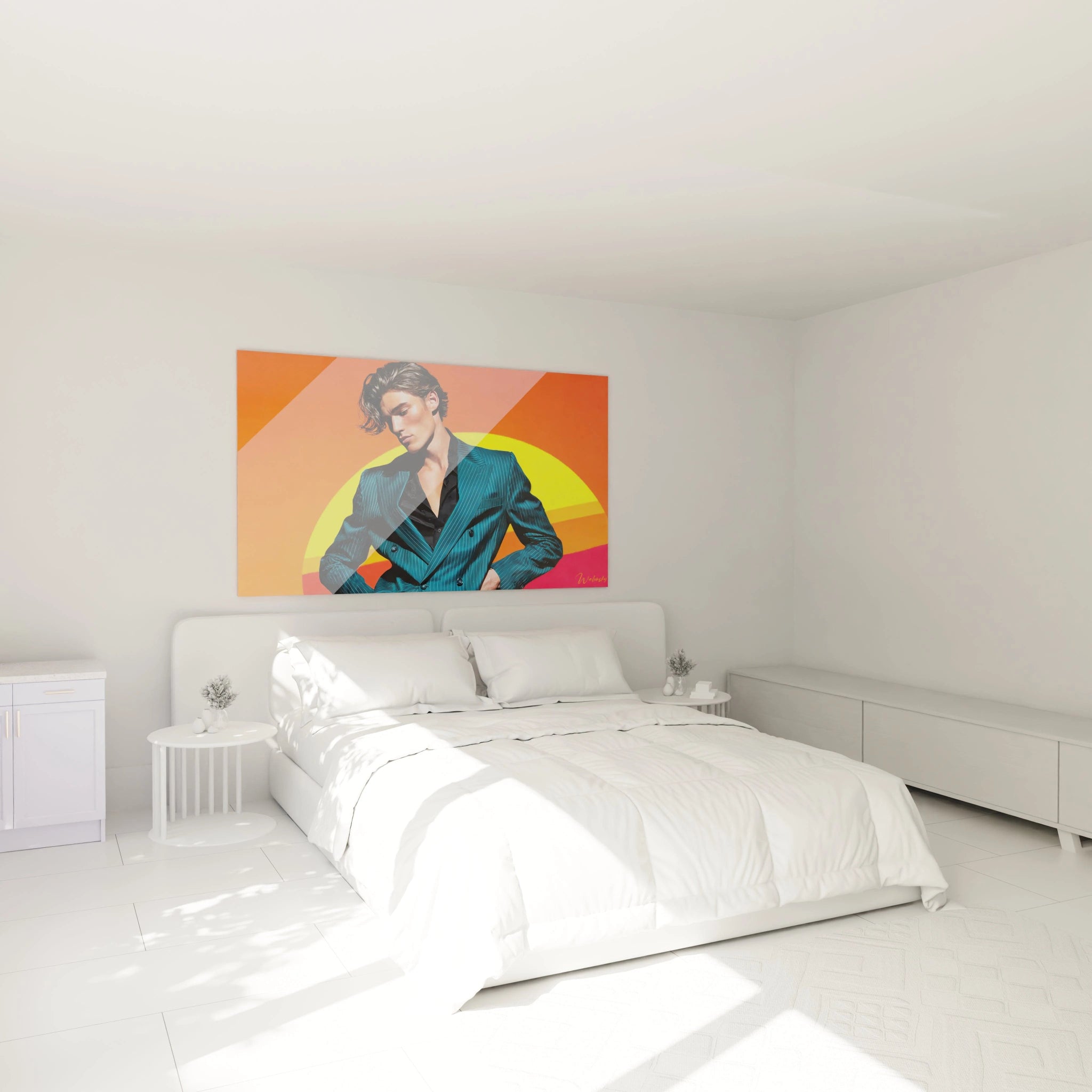 Tableau art mural masculin de Walensky avec une illustration moderne dans une chambre minimaliste