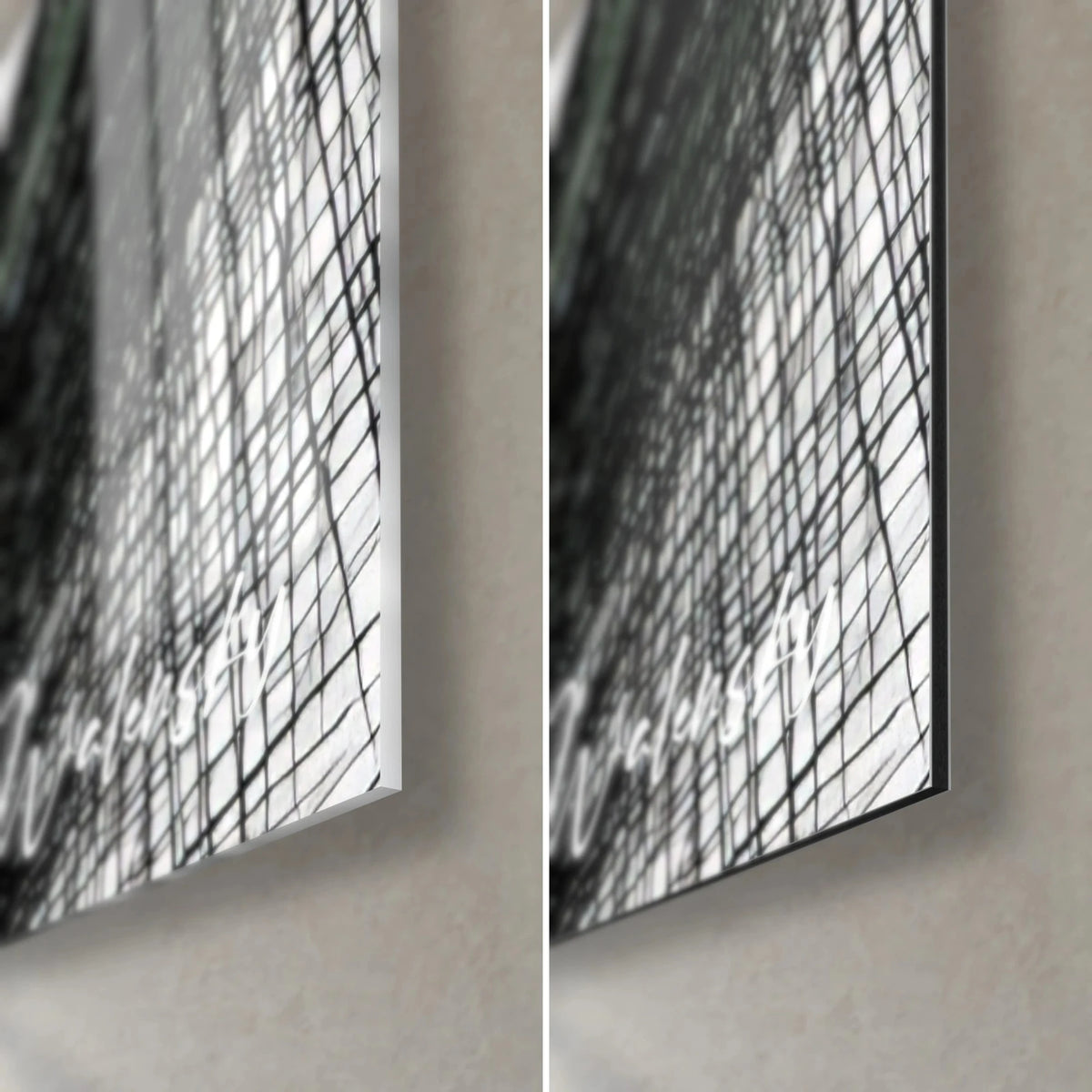 Gemälde Trio von Mannequins mit schwarzen Sonnenbrillen, schwarz-weiße Schraffuren, Ecke unten rechts aus glänzendem Glas und mattem Dibond, 3 mm Stärke